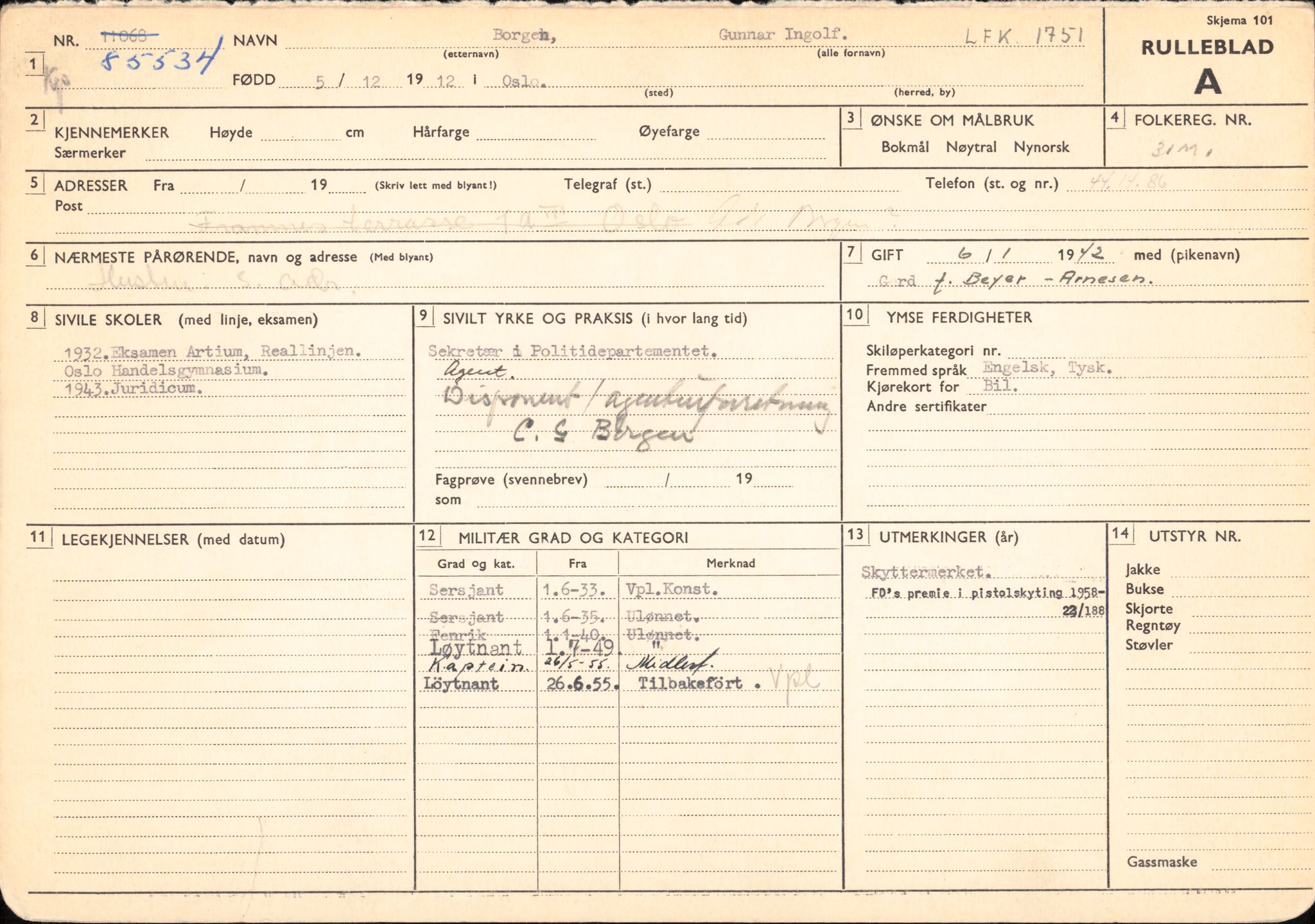 Forsvaret, Forsvarets overkommando/Luftforsvarsstaben, RA/RAFA-4079/P/Pa/L0029: Personellpapirer, 1912, p. 235