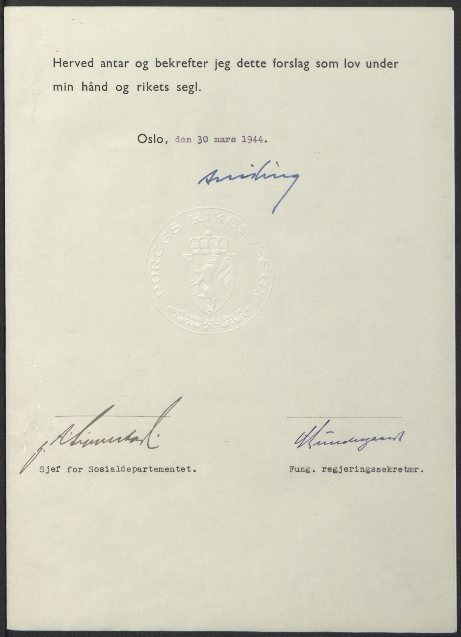 NS-administrasjonen 1940-1945 (Statsrådsekretariatet, de kommisariske statsråder mm), AV/RA-S-4279/D/Db/L0100: Lover, 1944, p. 154