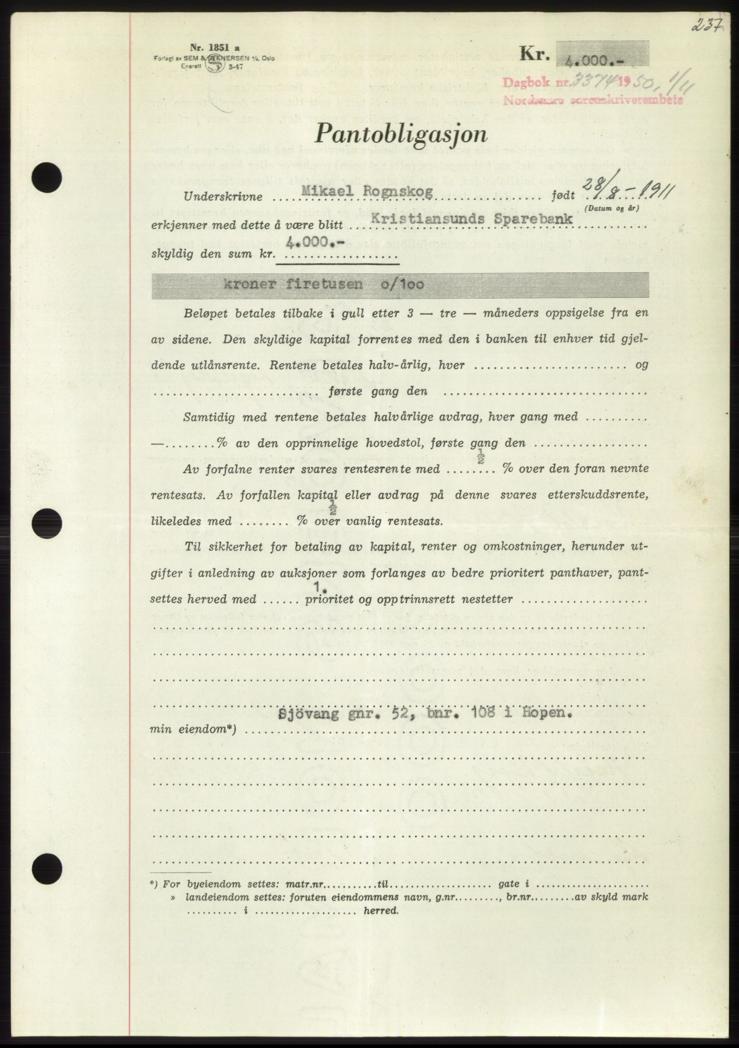 Nordmøre sorenskriveri, AV/SAT-A-4132/1/2/2Ca: Mortgage book no. B106, 1950-1950, Diary no: : 3374/1950