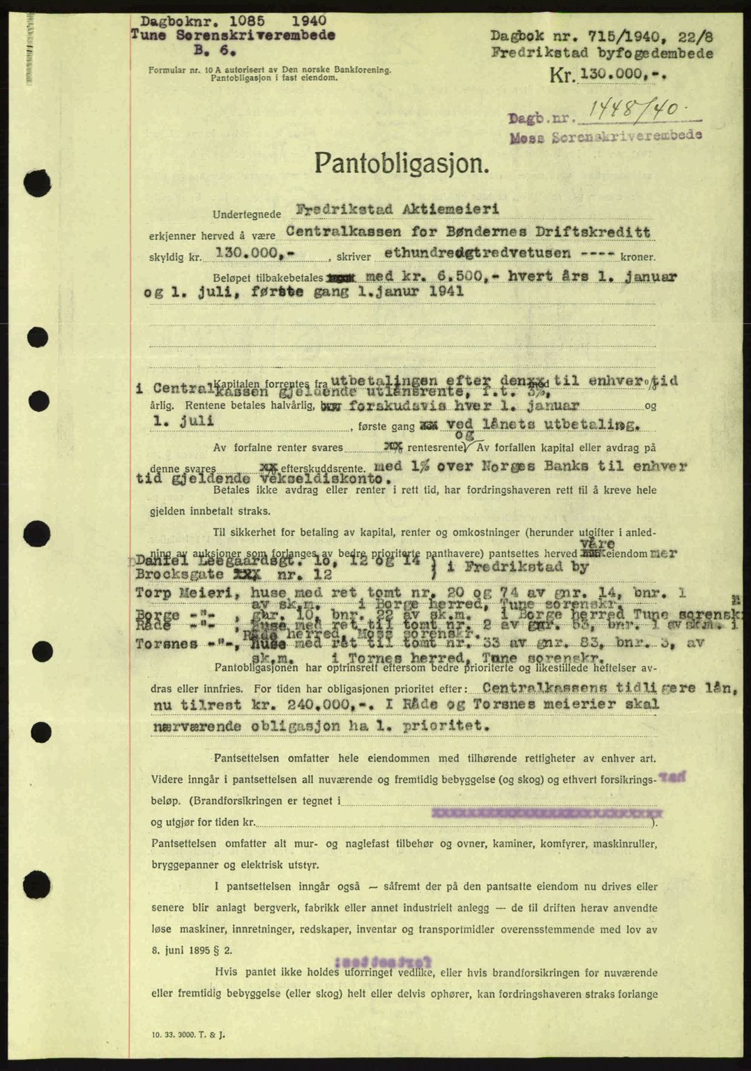 Moss sorenskriveri, SAO/A-10168: Mortgage book no. B10, 1940-1941, Diary no: : 1448/1940