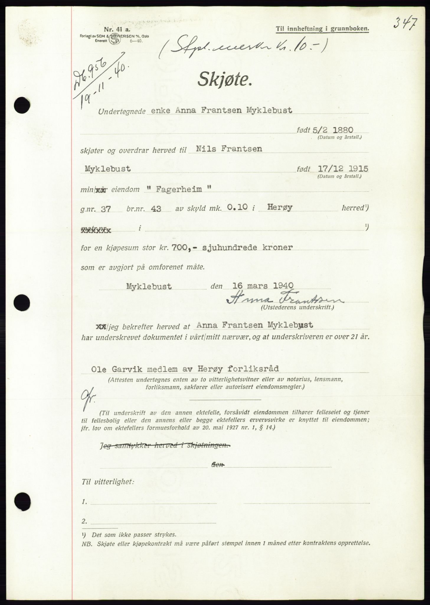 Søre Sunnmøre sorenskriveri, AV/SAT-A-4122/1/2/2C/L0070: Mortgage book no. 64, 1940-1941, Diary no: : 956/1940