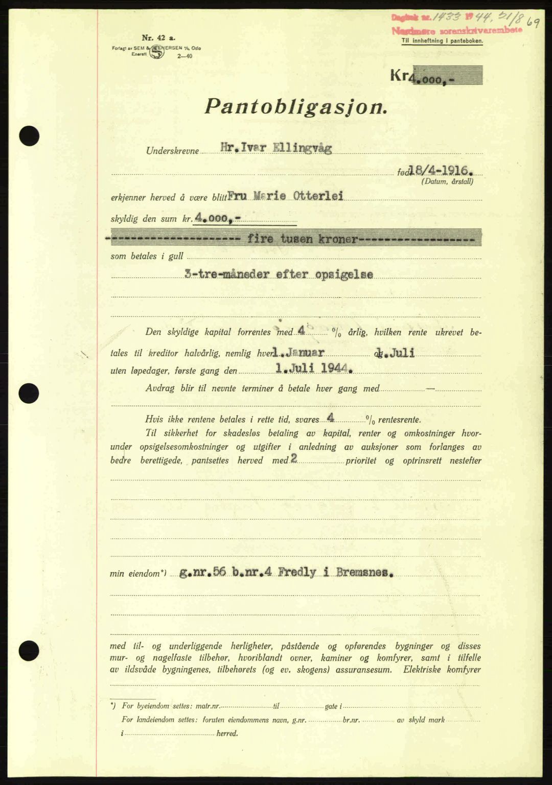 Nordmøre sorenskriveri, AV/SAT-A-4132/1/2/2Ca: Mortgage book no. B92, 1944-1945, Diary no: : 1433/1944