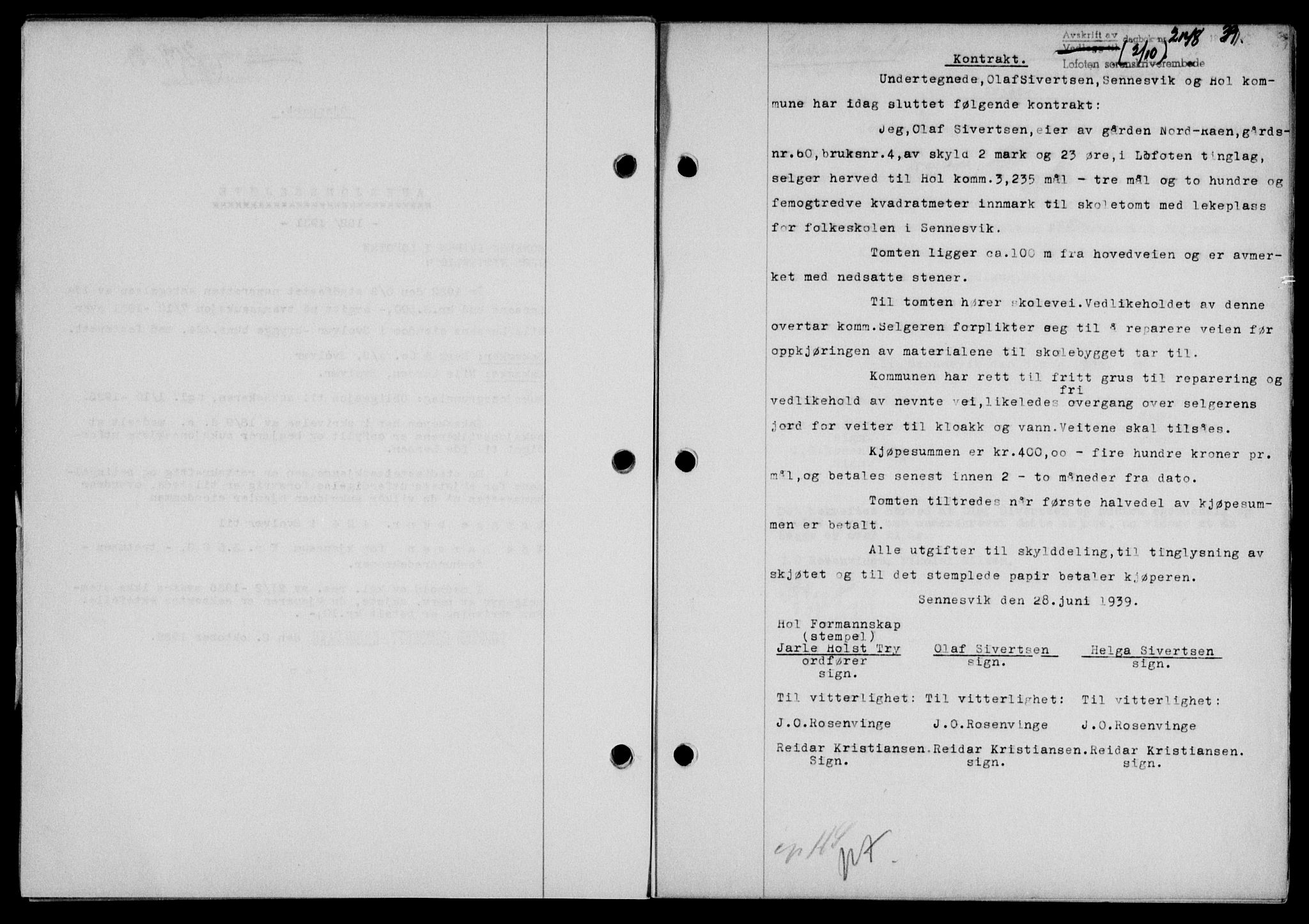 Lofoten sorenskriveri, SAT/A-0017/1/2/2C/L0006a: Mortgage book no. 6a, 1939-1939, Diary no: : 2148/1939
