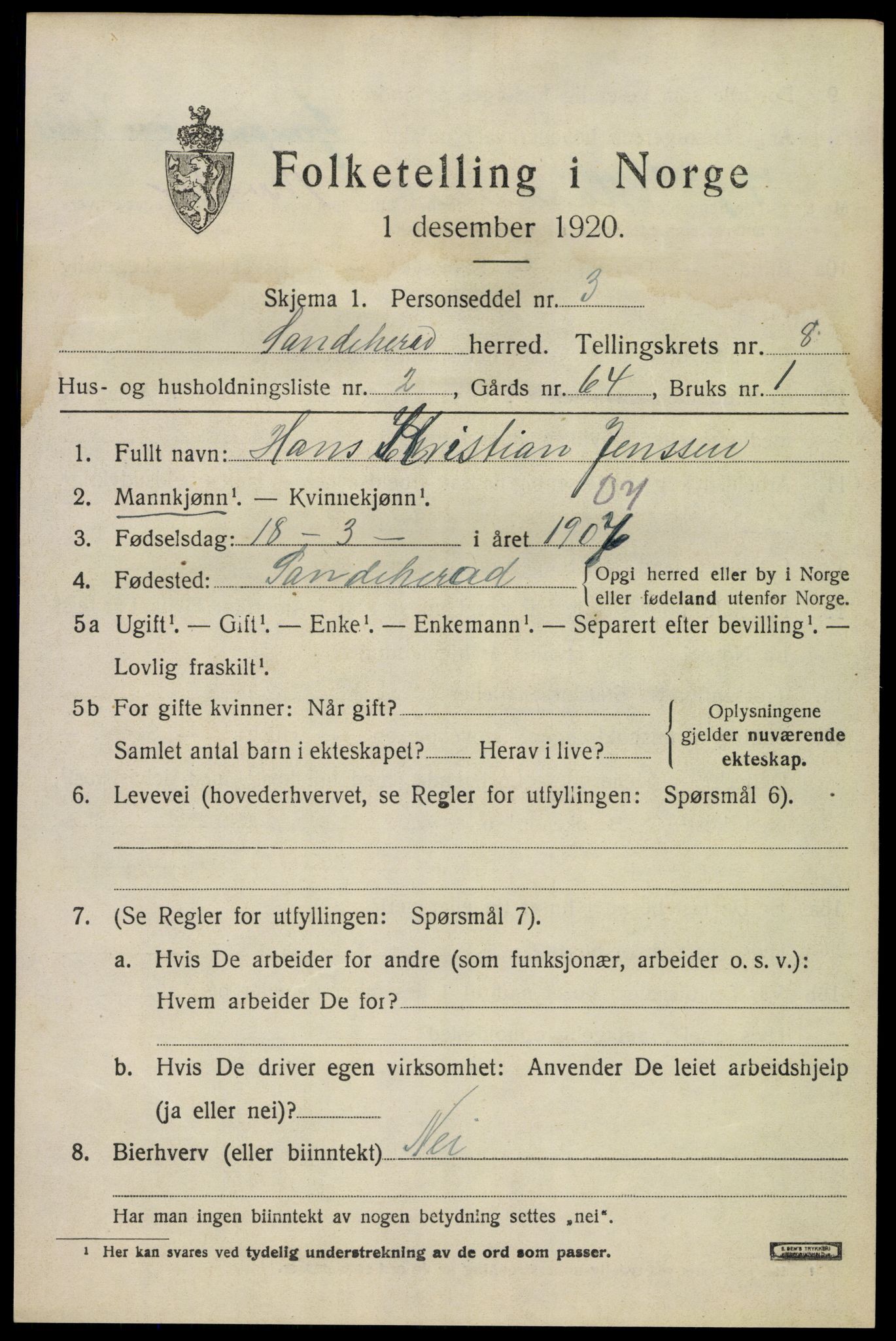 SAKO, 1920 census for Sandeherred, 1920, p. 12722
