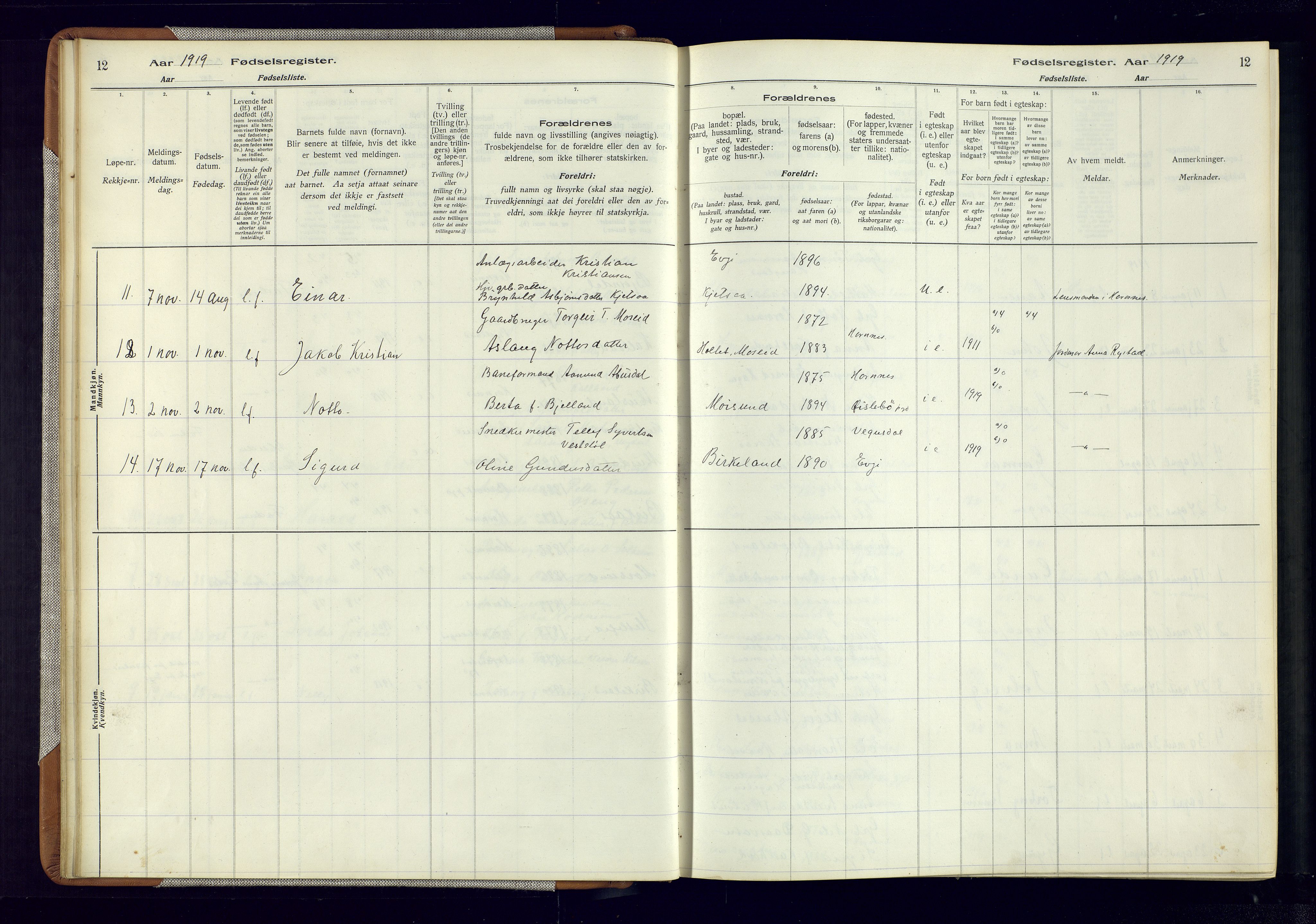 Evje sokneprestkontor, AV/SAK-1111-0008/J/Jc/L0006: Birth register no. 6, 1916-1982, p. 12