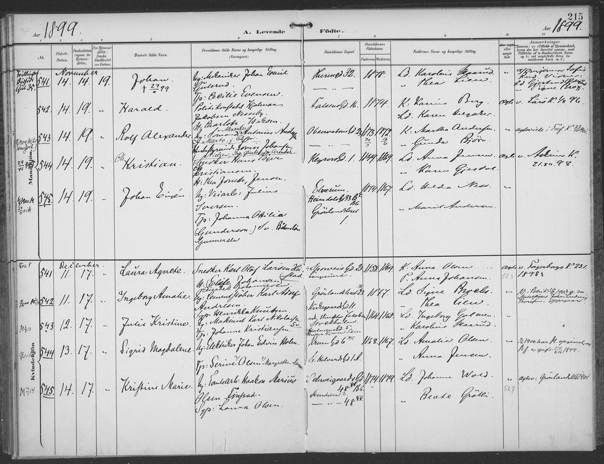 Rikshospitalet prestekontor Kirkebøker, SAO/A-10309b/F/L0011: Parish register (official) no. 11, 1898-1900, p. 215