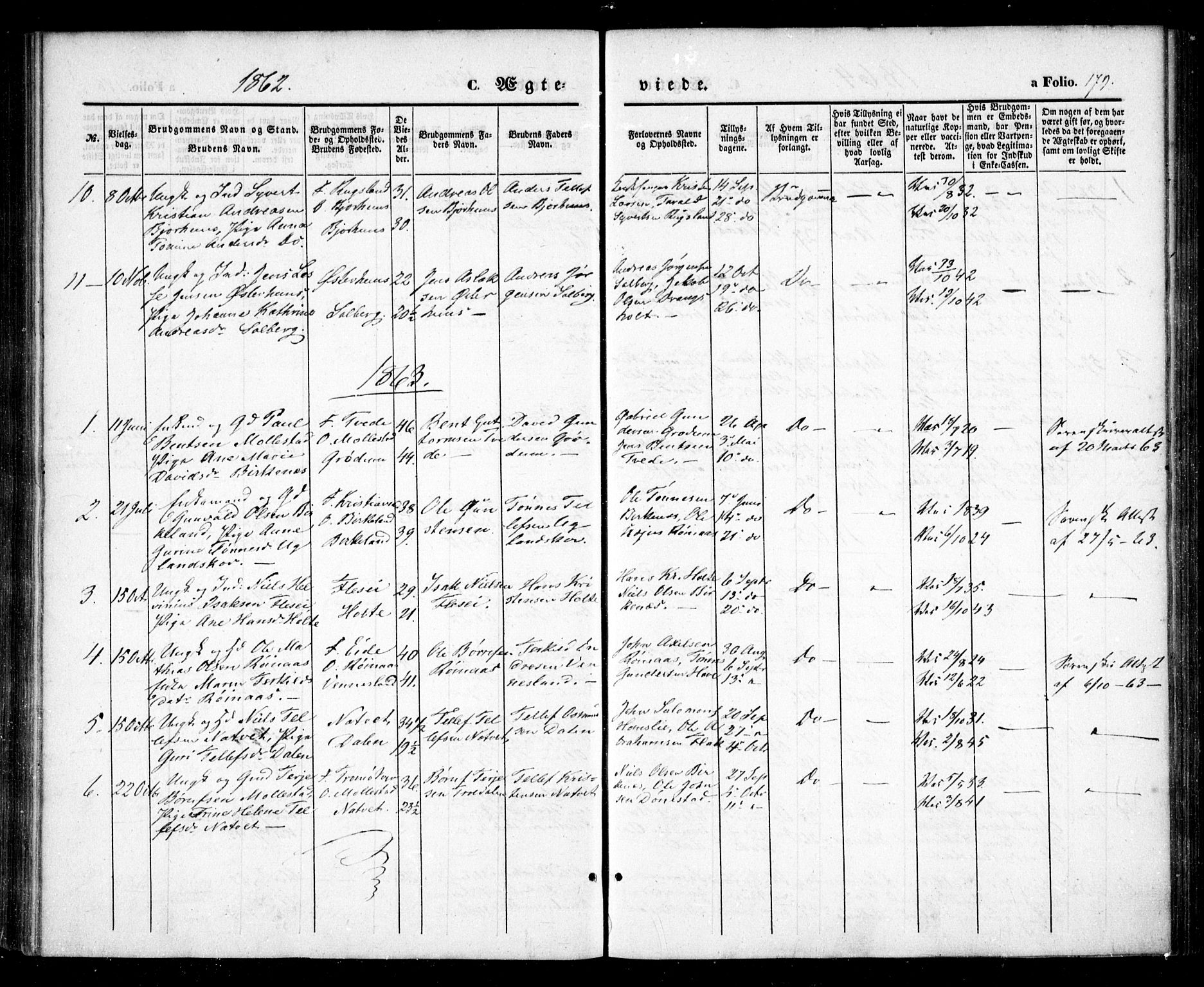 Birkenes sokneprestkontor, AV/SAK-1111-0004/F/Fa/L0003: Parish register (official) no. A 3, 1850-1866, p. 179