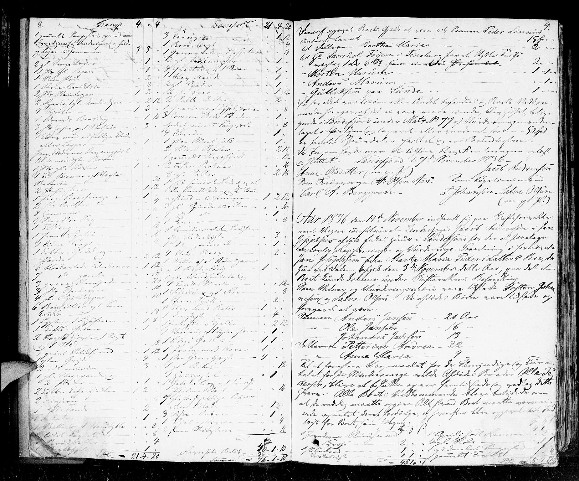 Larvik byfogd, AV/SAKO-A-218/H/Hb/Hbc/L0004: Skifteforhandlingsprotokoll IV, 1836-1846, p. 8-9
