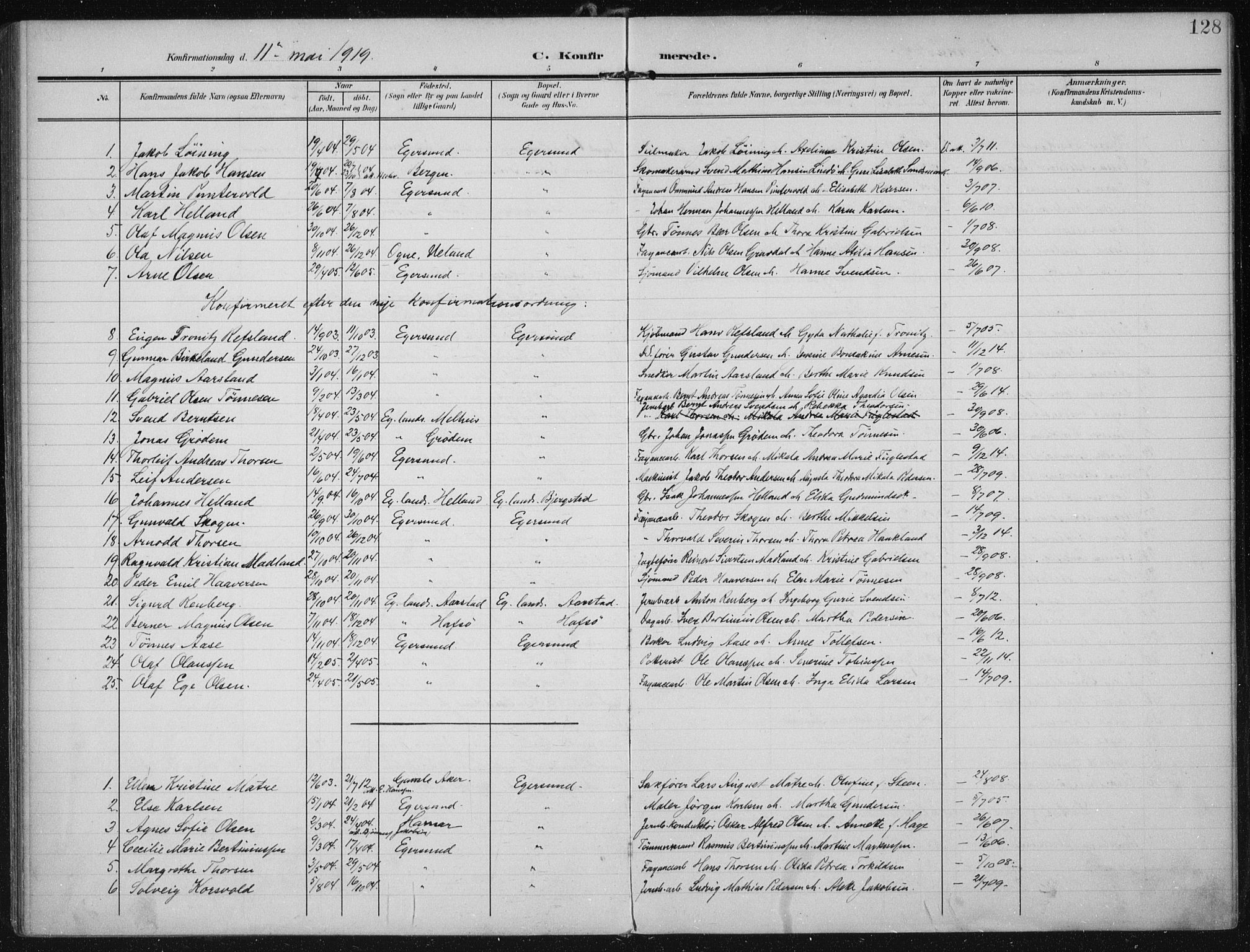 Eigersund sokneprestkontor, SAST/A-101807/S08/L0022: Parish register (official) no. A 21, 1905-1928, p. 128