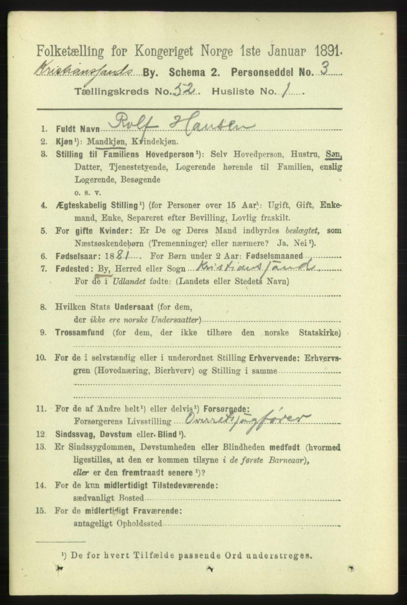 RA, 1891 census for 1001 Kristiansand, 1891, p. 15143