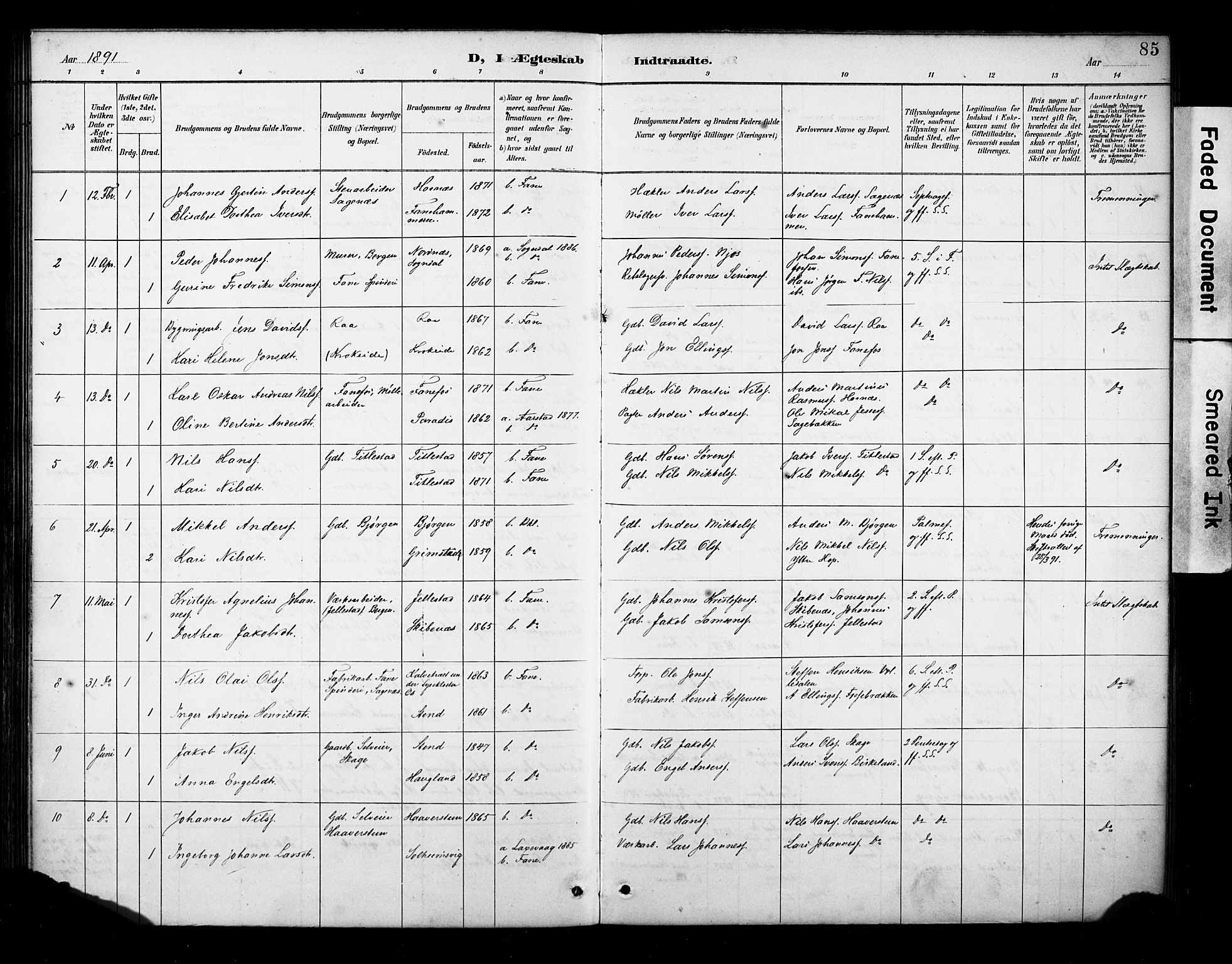 Fana Sokneprestembete, AV/SAB-A-75101/H/Haa/Haab/L0002: Parish register (official) no. B 2, 1890-1897, p. 85