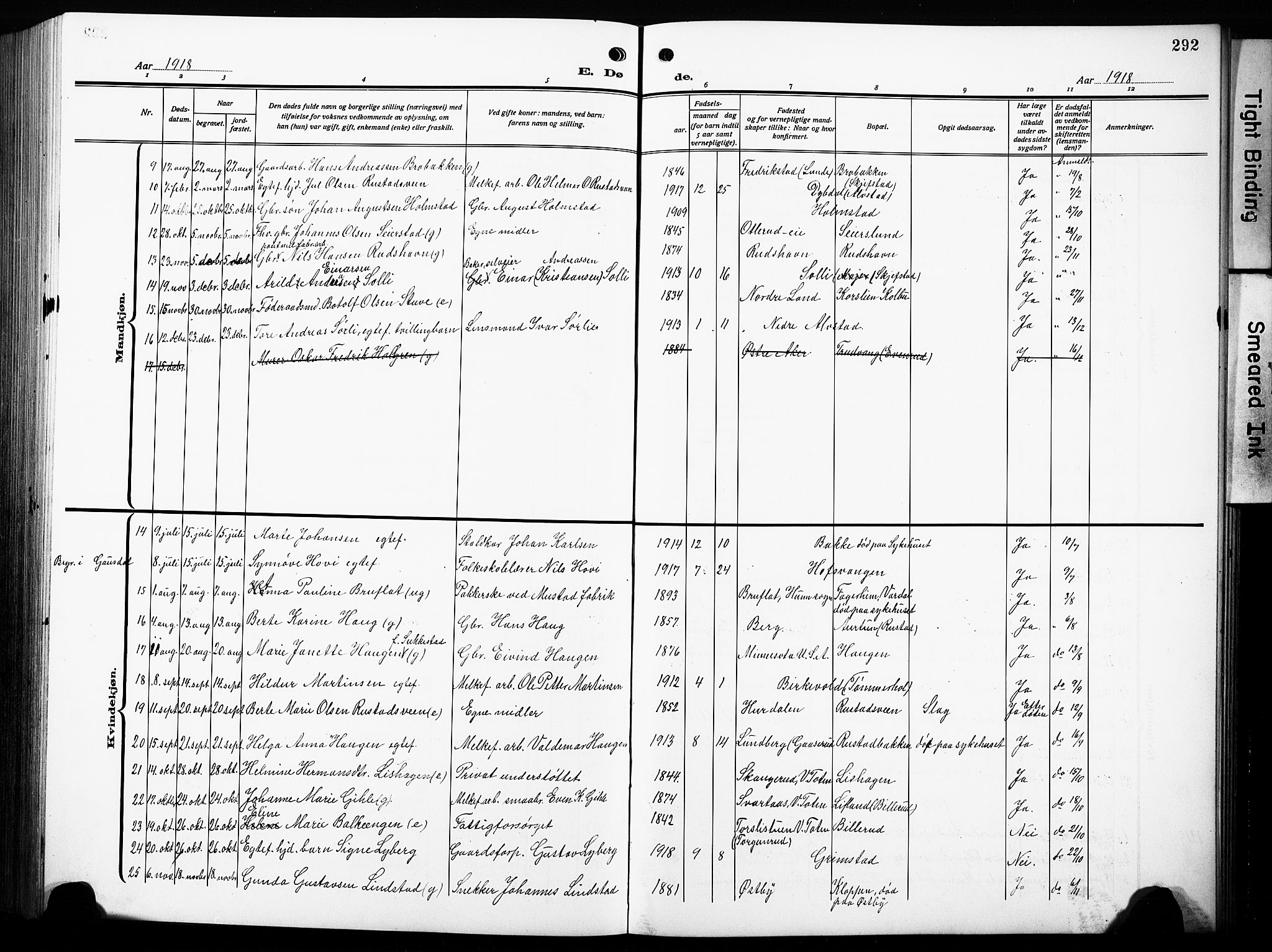 Østre Toten prestekontor, SAH/PREST-104/H/Ha/Hab/L0010: Parish register (copy) no. 10, 1912-1933, p. 292