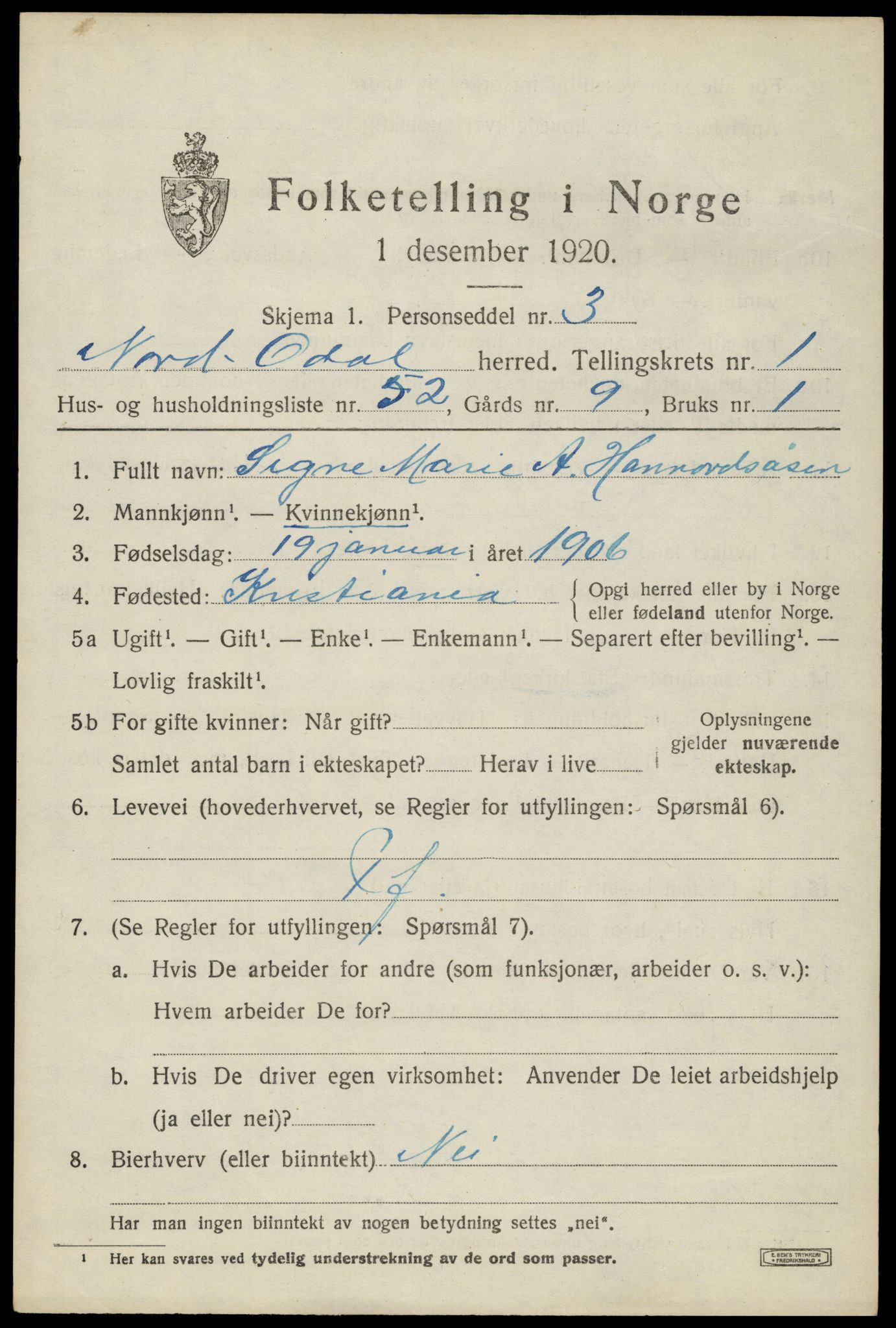 SAH, 1920 census for Nord-Odal, 1920, p. 2383