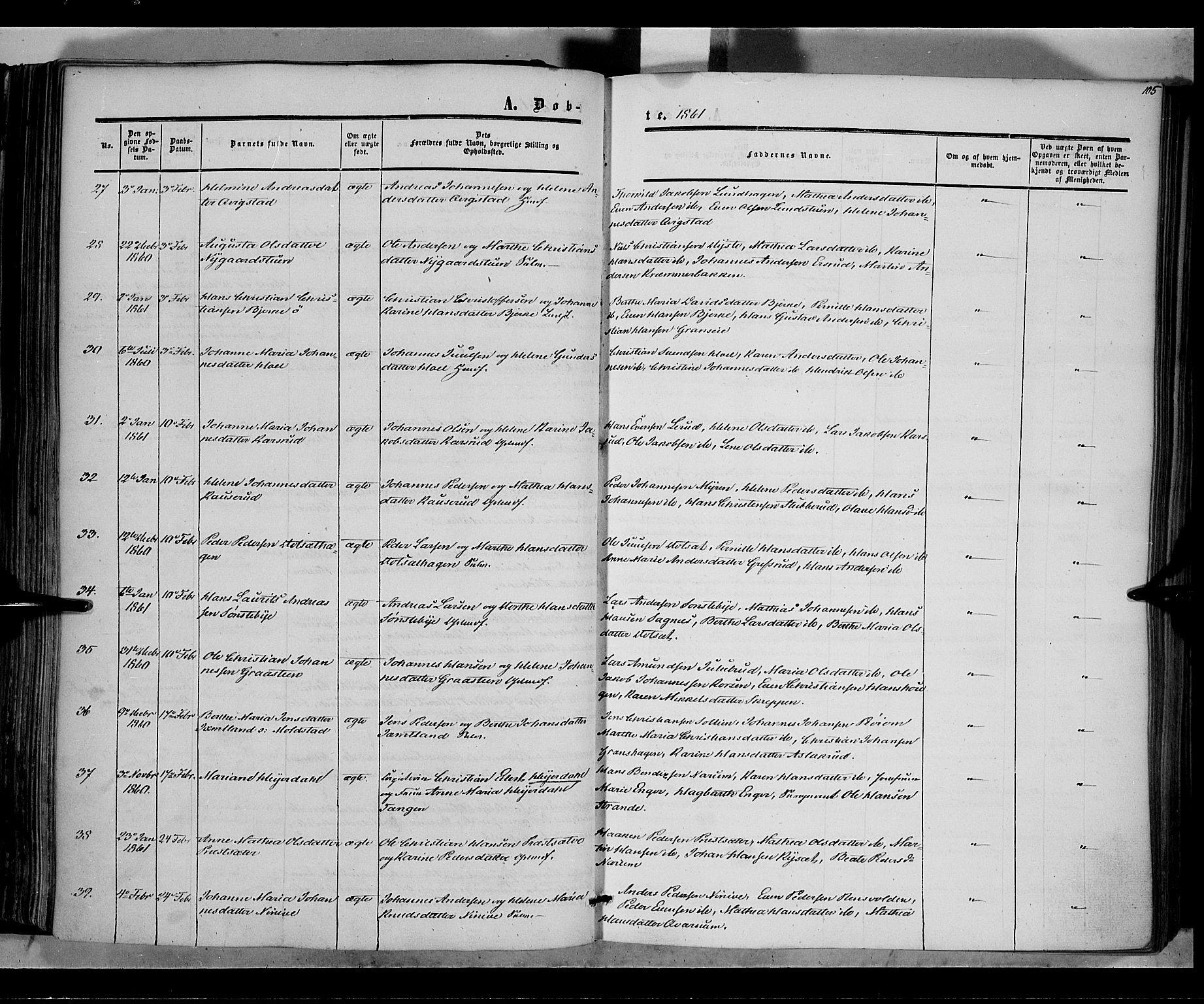 Vestre Toten prestekontor, SAH/PREST-108/H/Ha/Haa/L0006: Parish register (official) no. 6, 1856-1861, p. 105