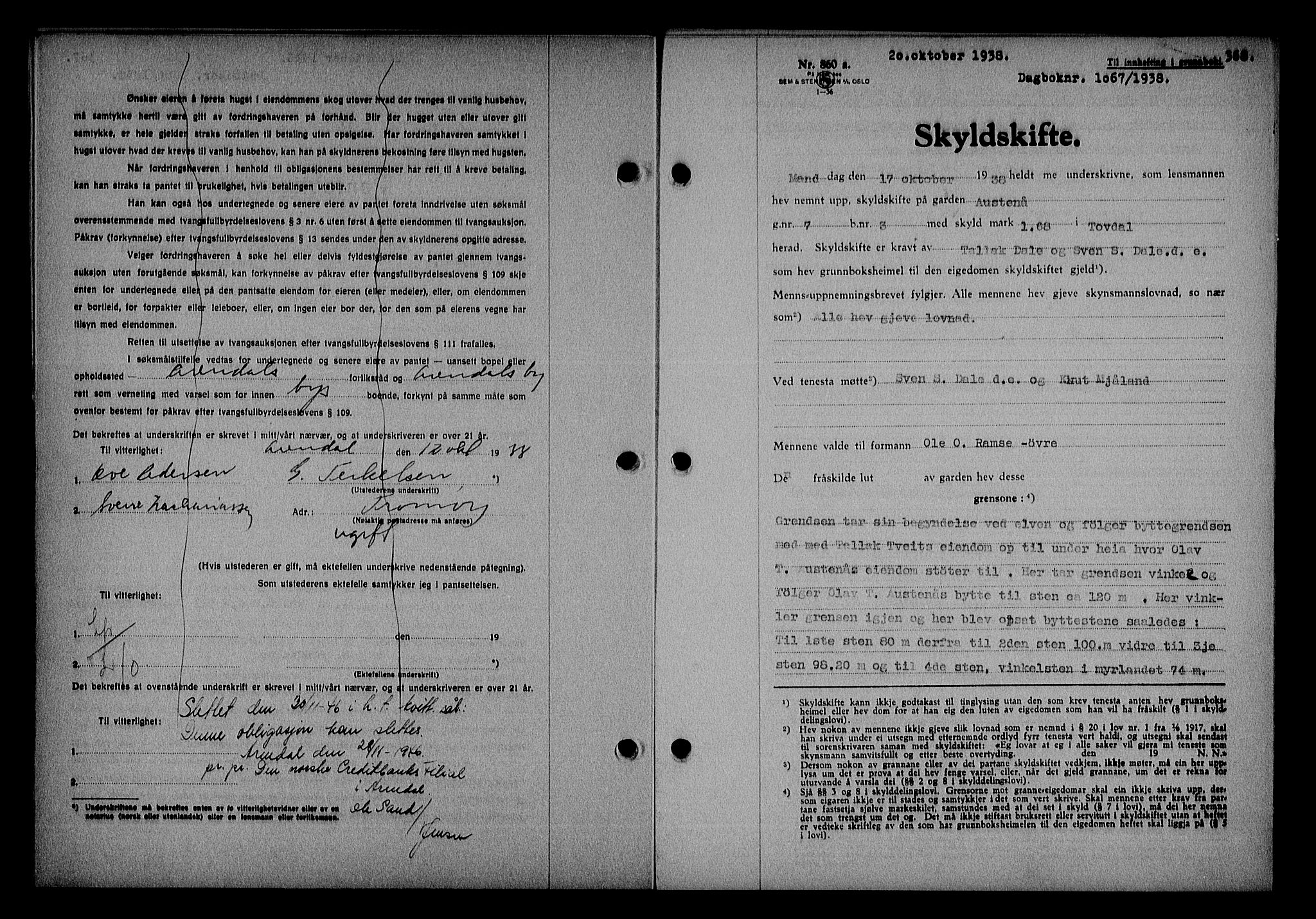 Nedenes sorenskriveri, AV/SAK-1221-0006/G/Gb/Gba/L0045: Mortgage book no. 41, 1938-1938, Diary no: : 1067/1938