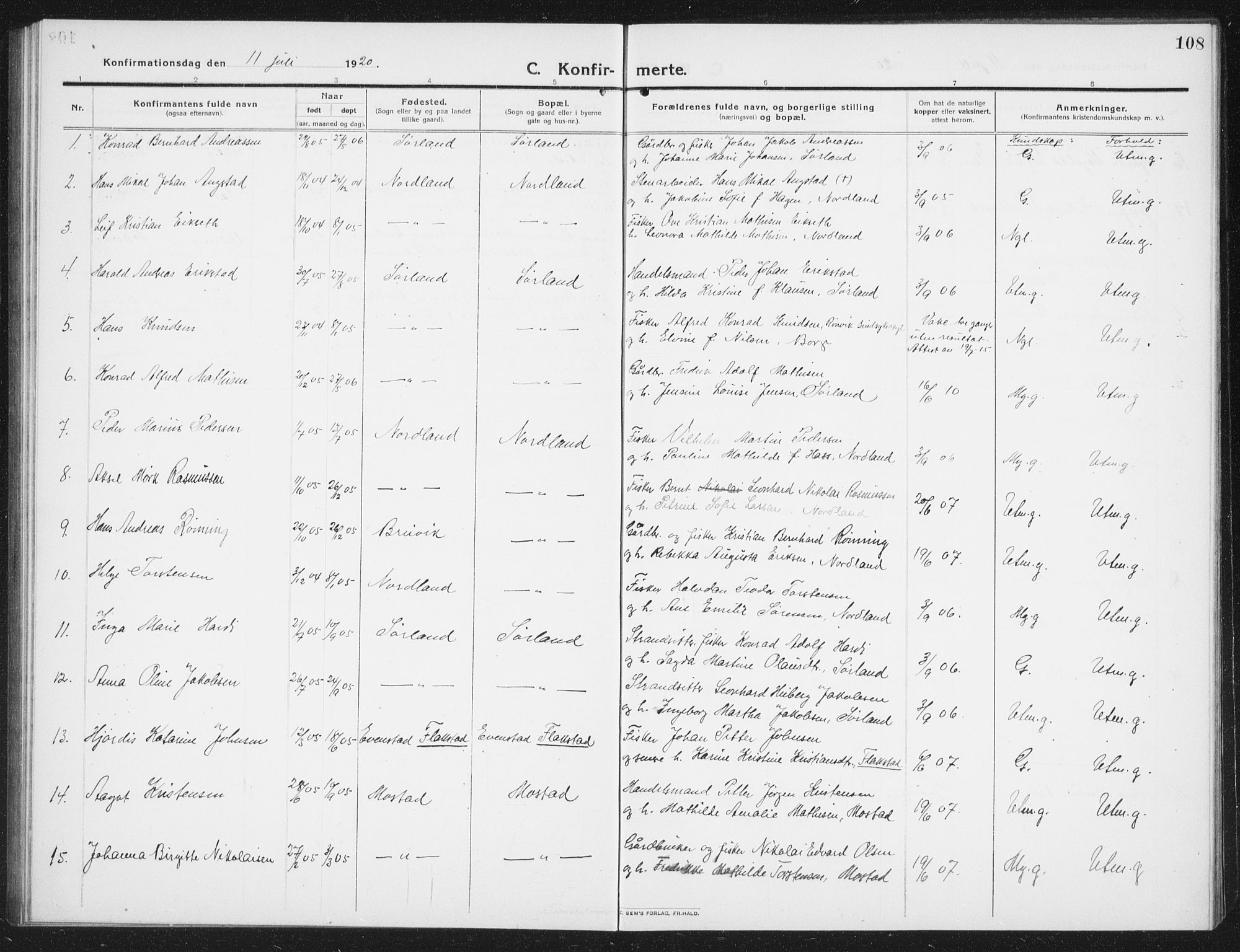 Ministerialprotokoller, klokkerbøker og fødselsregistre - Nordland, AV/SAT-A-1459/807/L0124: Parish register (copy) no. 807C02, 1910-1935, p. 108