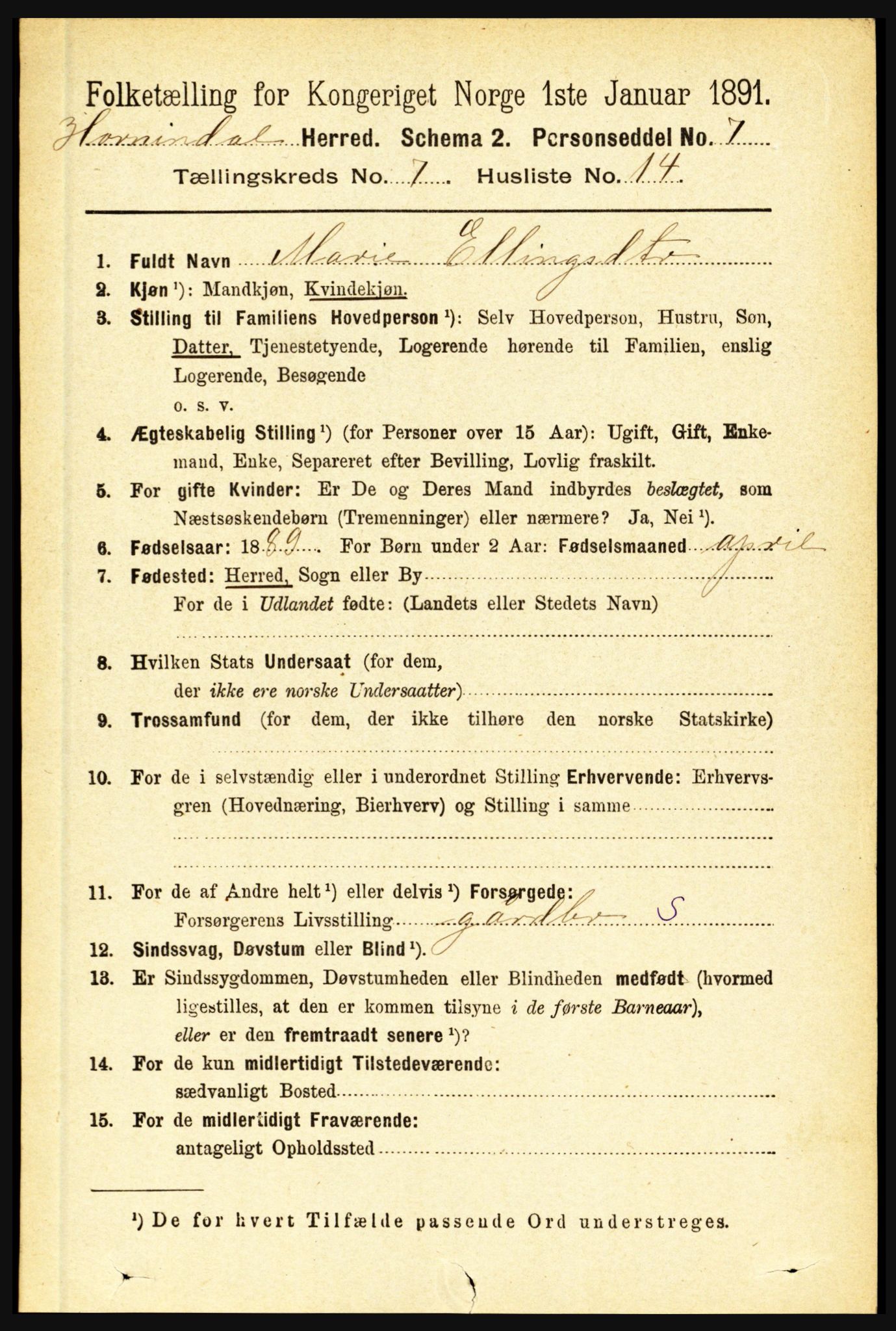 RA, 1891 census for 1444 Hornindal, 1891, p. 1852