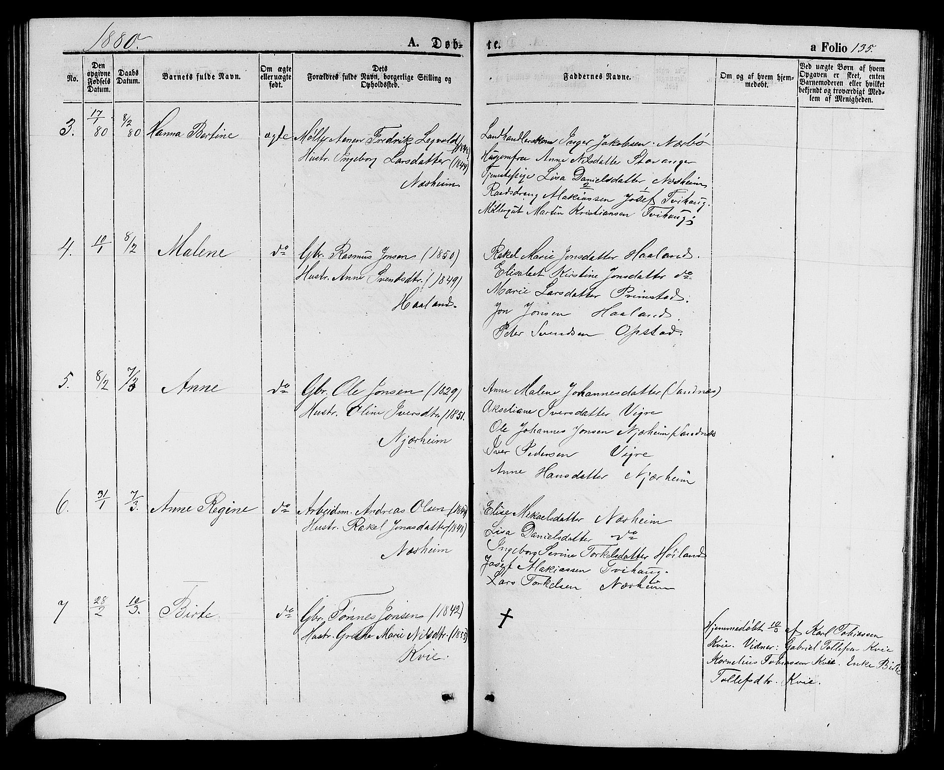 Hå sokneprestkontor, AV/SAST-A-101801/001/30BB/L0001: Parish register (copy) no. B 1, 1854-1883, p. 135