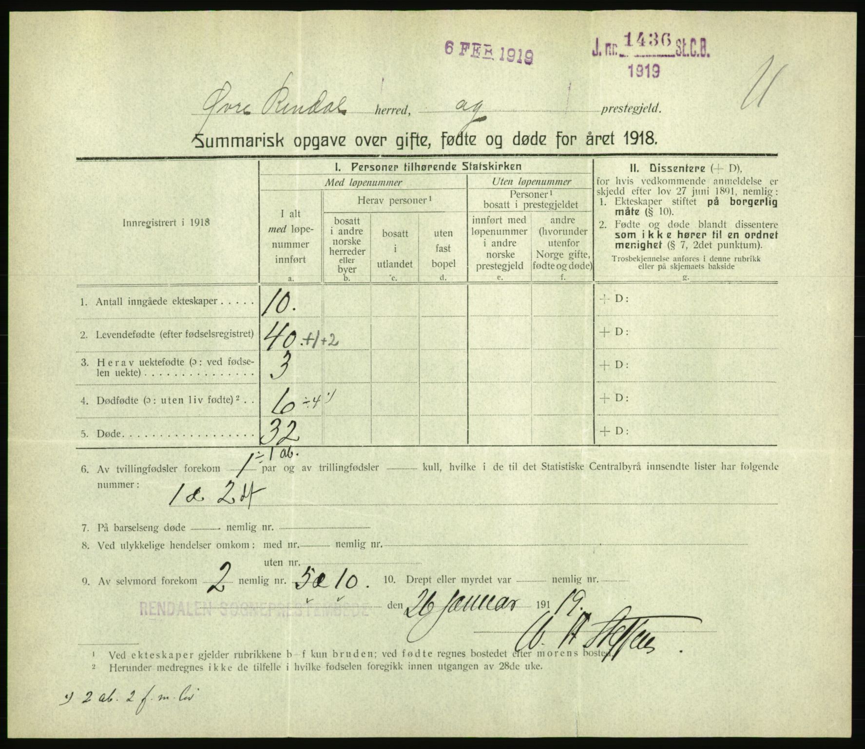 Statistisk sentralbyrå, Sosiodemografiske emner, Befolkning, RA/S-2228/D/Df/Dfb/Dfbh/L0059: Summariske oppgaver over gifte, fødte og døde for hele landet., 1918, p. 289