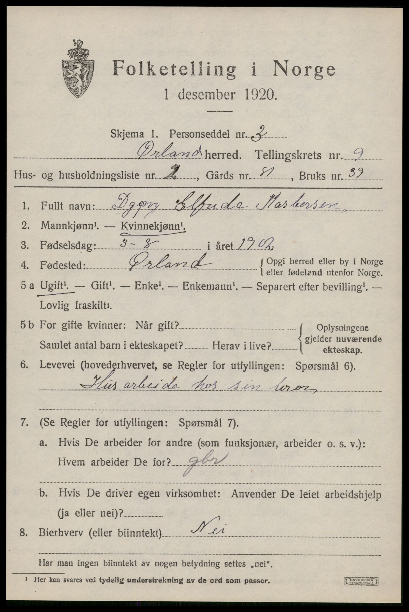 SAT, 1920 census for Ørland, 1920, p. 7861