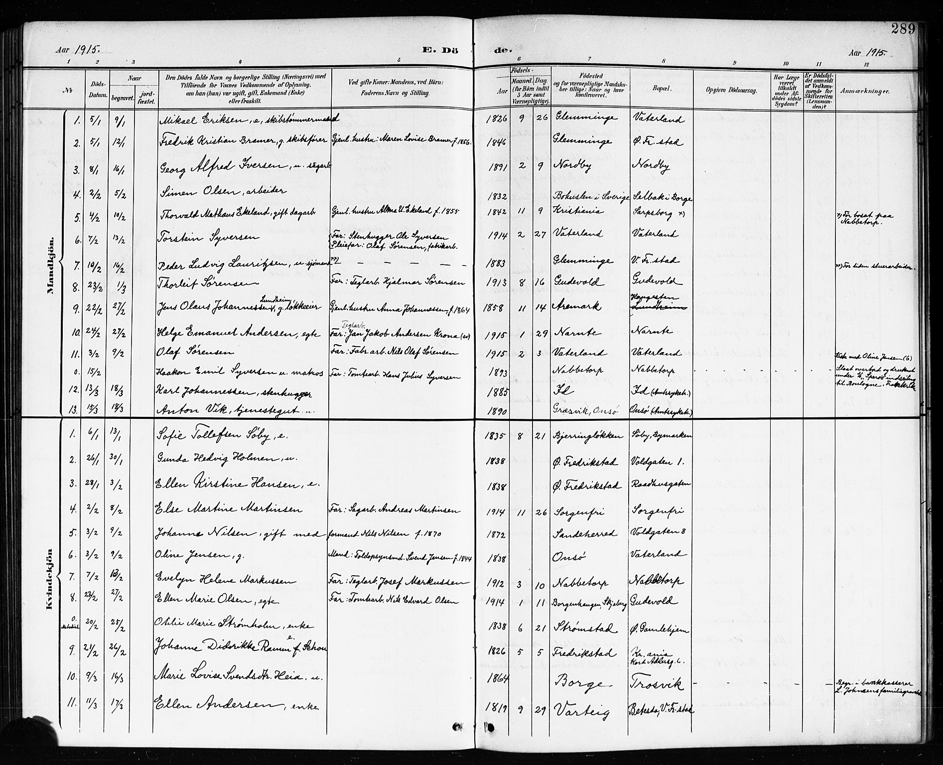 Østre Fredrikstad prestekontor Kirkebøker, AV/SAO-A-10907/G/Ga/L0002: Parish register (copy) no. 2, 1900-1919, p. 289