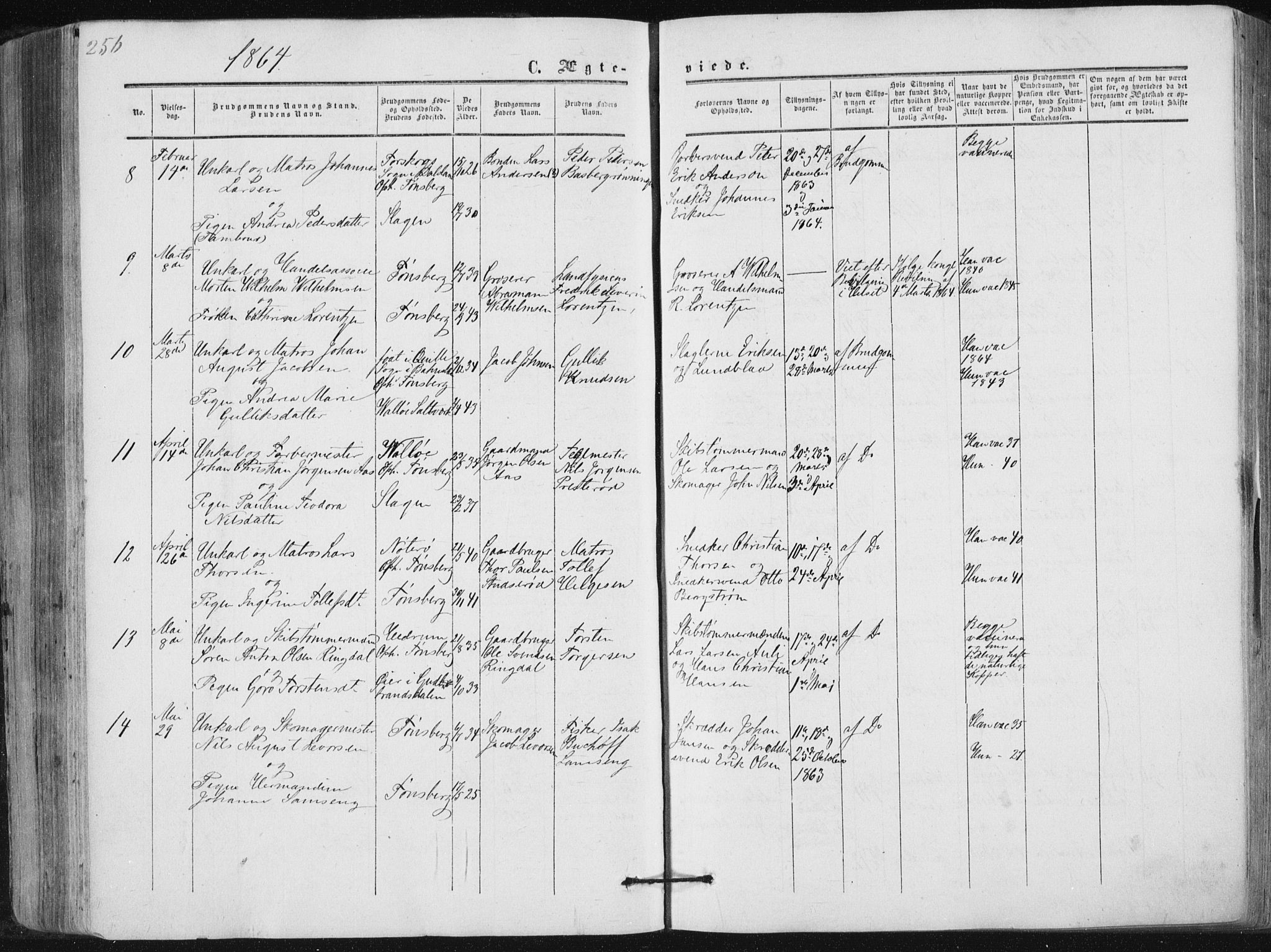 Tønsberg kirkebøker, AV/SAKO-A-330/F/Fa/L0008: Parish register (official) no. I 8, 1855-1864, p. 256