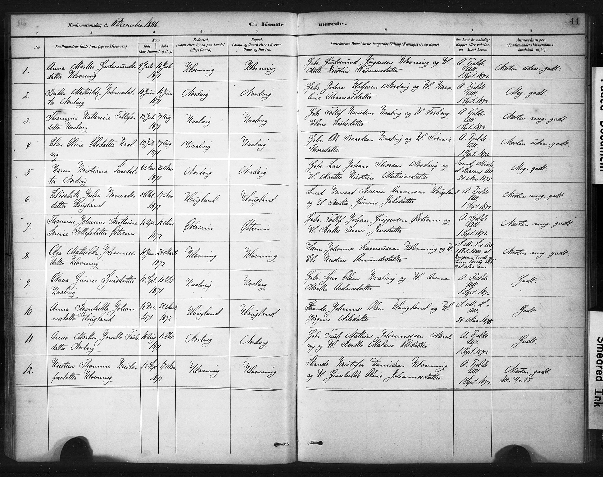 Torvastad sokneprestkontor, AV/SAST-A -101857/H/Ha/Haa/L0016: Parish register (official) no. A 15, 1883-1903, p. 41