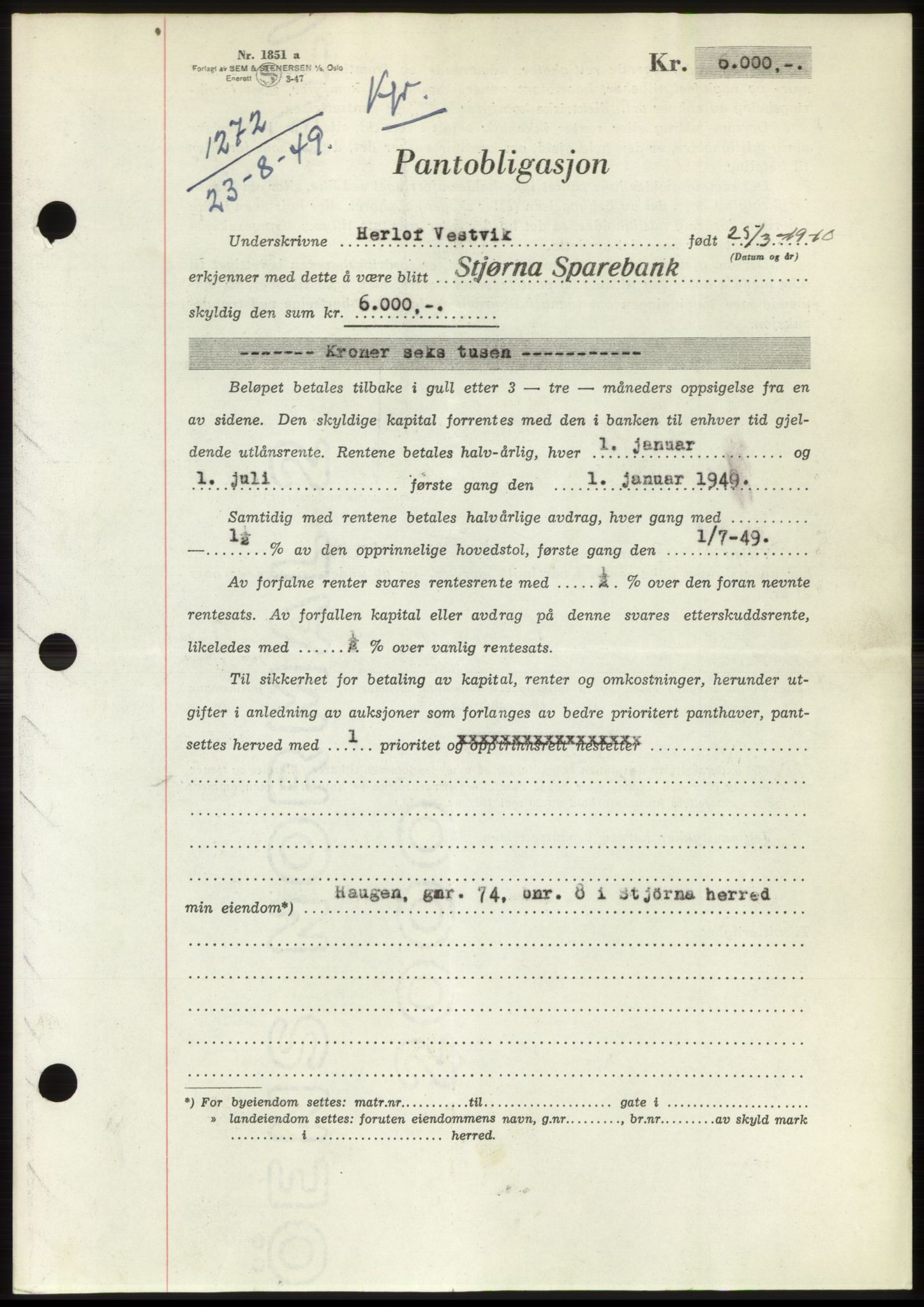 Fosen sorenskriveri, AV/SAT-A-1107/1/2/2C: Mortgage book no. B, 1948-1950, Diary no: : 1272/1949