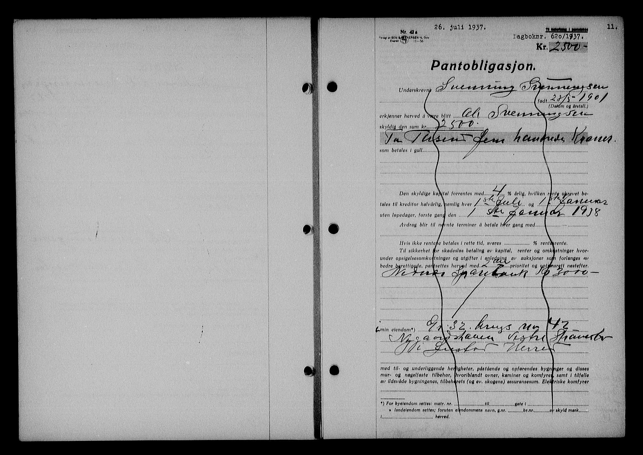 Nedenes sorenskriveri, AV/SAK-1221-0006/G/Gb/Gba/L0044: Mortgage book no. 40, 1937-1938, Diary no: : 620/1937