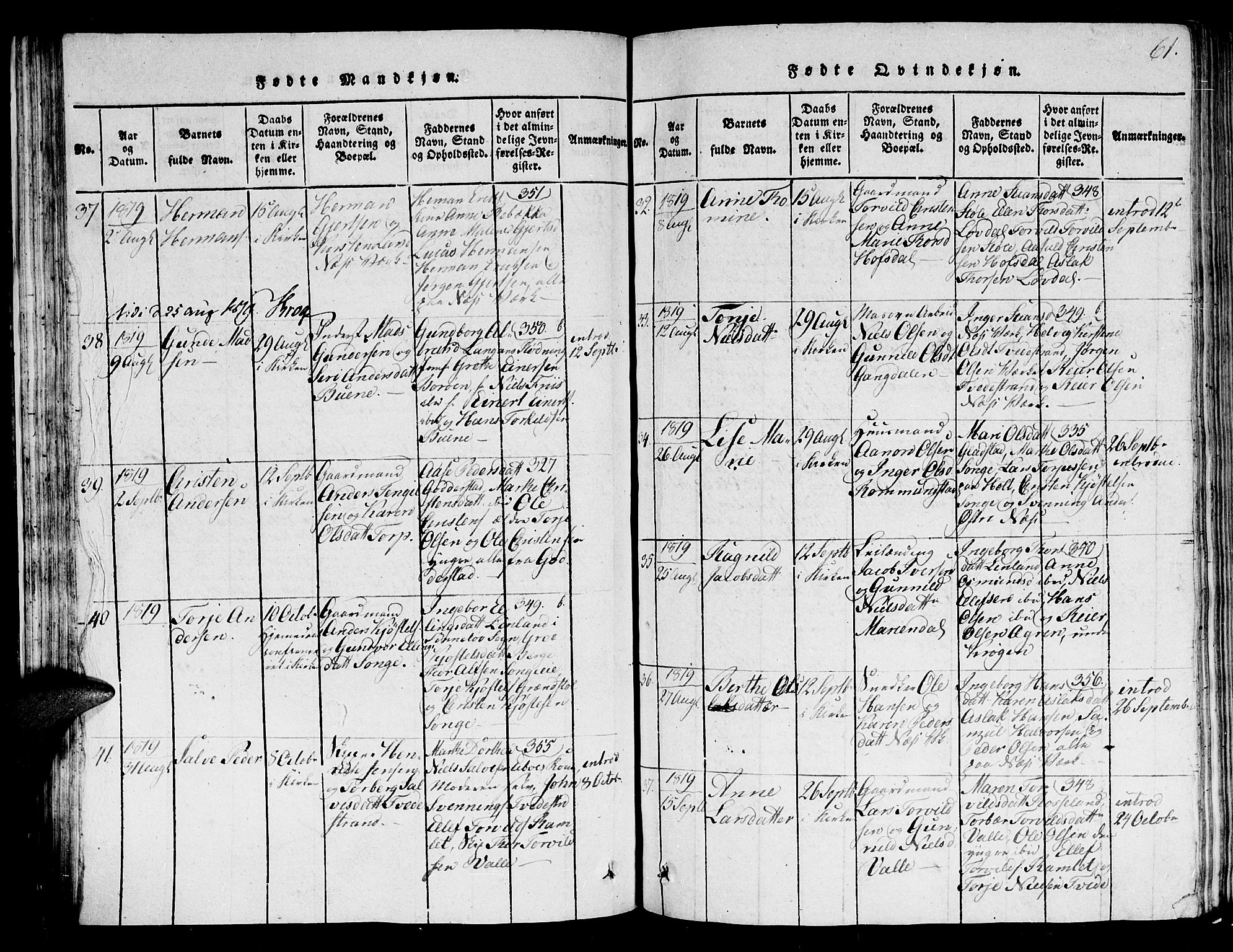 Holt sokneprestkontor, AV/SAK-1111-0021/F/Fb/L0006: Parish register (copy) no. B 6, 1813-1823, p. 61