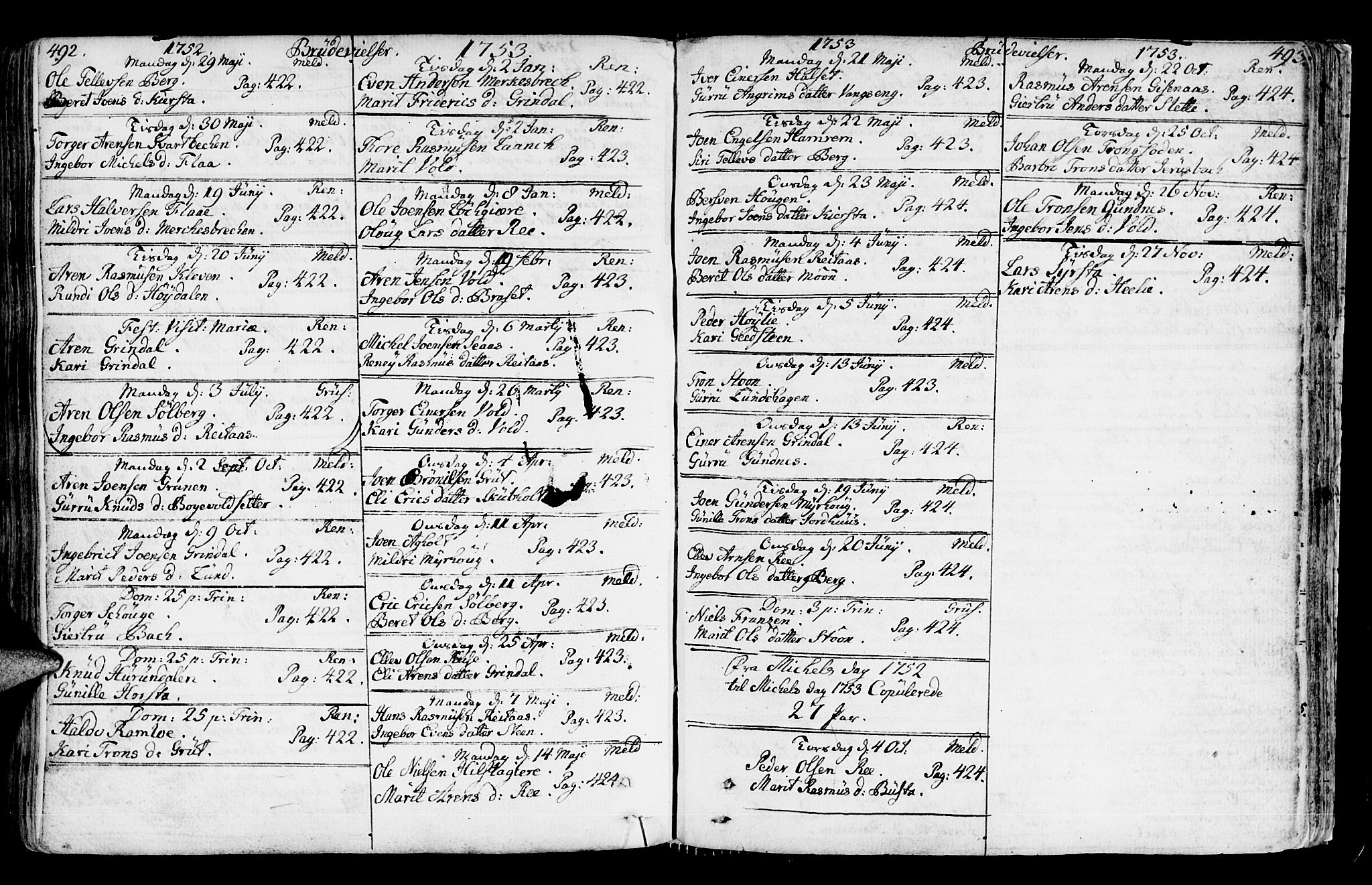 Ministerialprotokoller, klokkerbøker og fødselsregistre - Sør-Trøndelag, SAT/A-1456/672/L0851: Parish register (official) no. 672A04, 1751-1775, p. 492-493