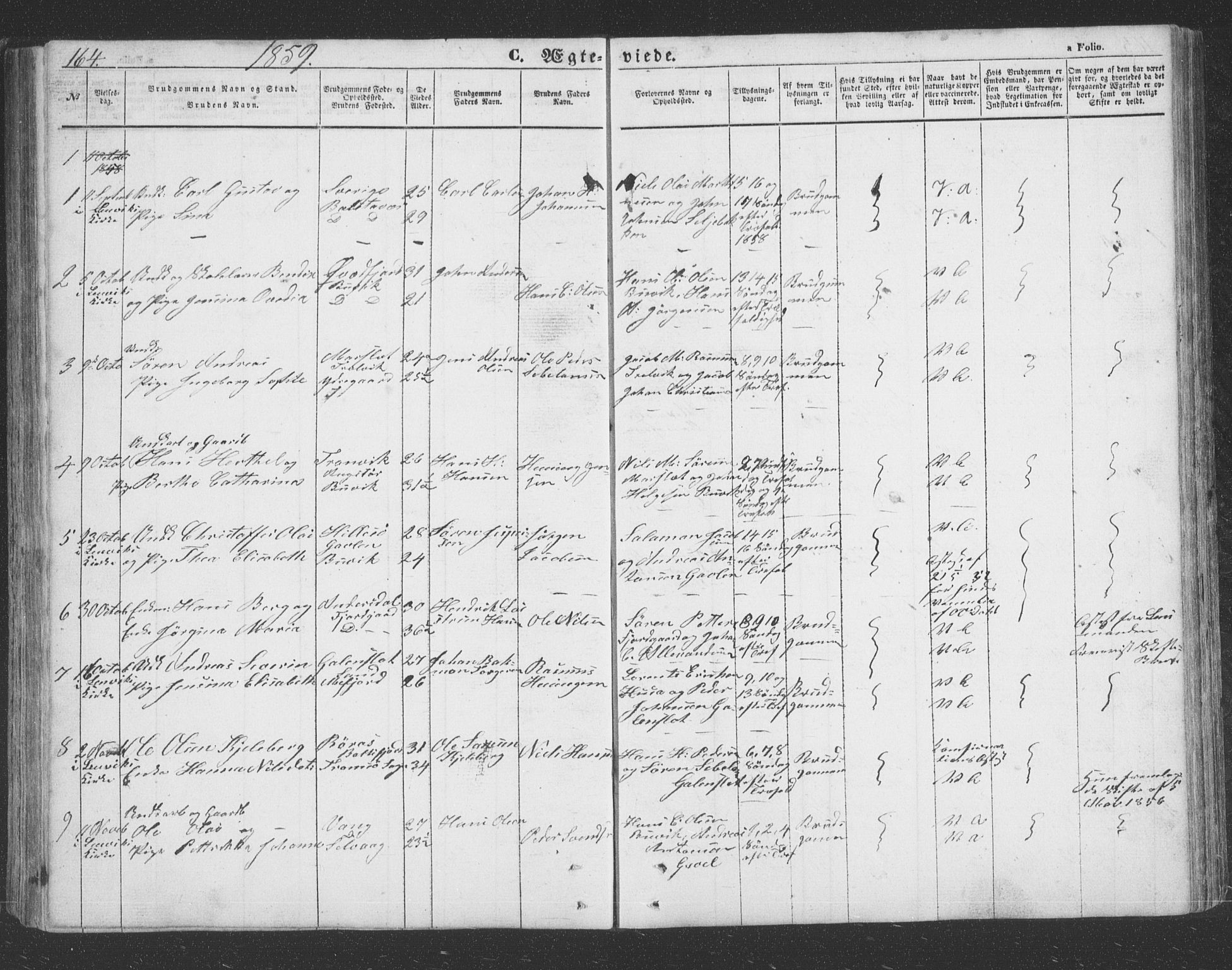 Lenvik sokneprestembete, AV/SATØ-S-1310/H/Ha/Hab/L0020klokker: Parish register (copy) no. 20, 1855-1883, p. 164