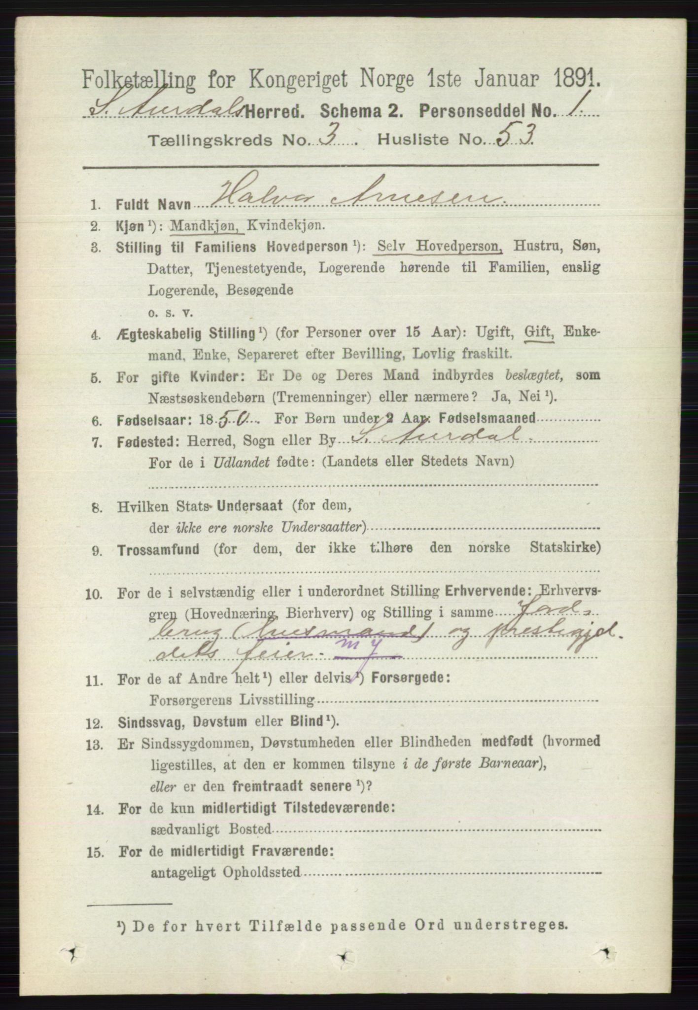 RA, 1891 census for 0540 Sør-Aurdal, 1891, p. 2000