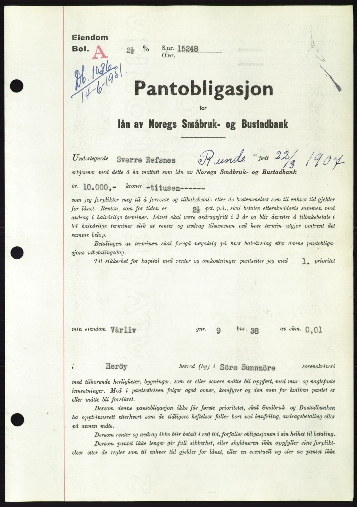Søre Sunnmøre sorenskriveri, AV/SAT-A-4122/1/2/2C/L0120: Mortgage book no. 8B, 1951-1951, Diary no: : 1036/1951