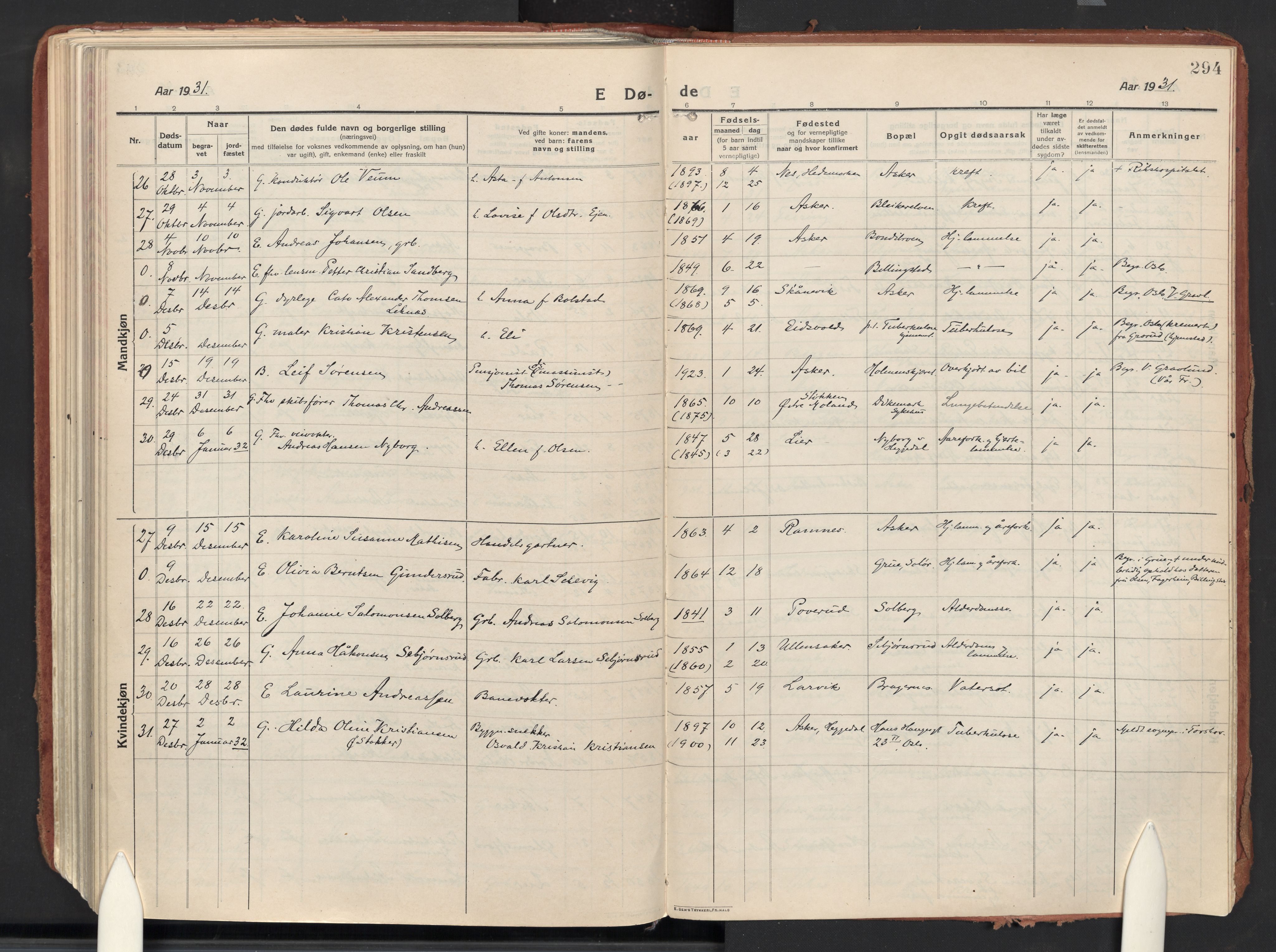 Asker prestekontor Kirkebøker, AV/SAO-A-10256a/F/Fa/L0018: Parish register (official) no. I 18, 1916-1936, p. 294