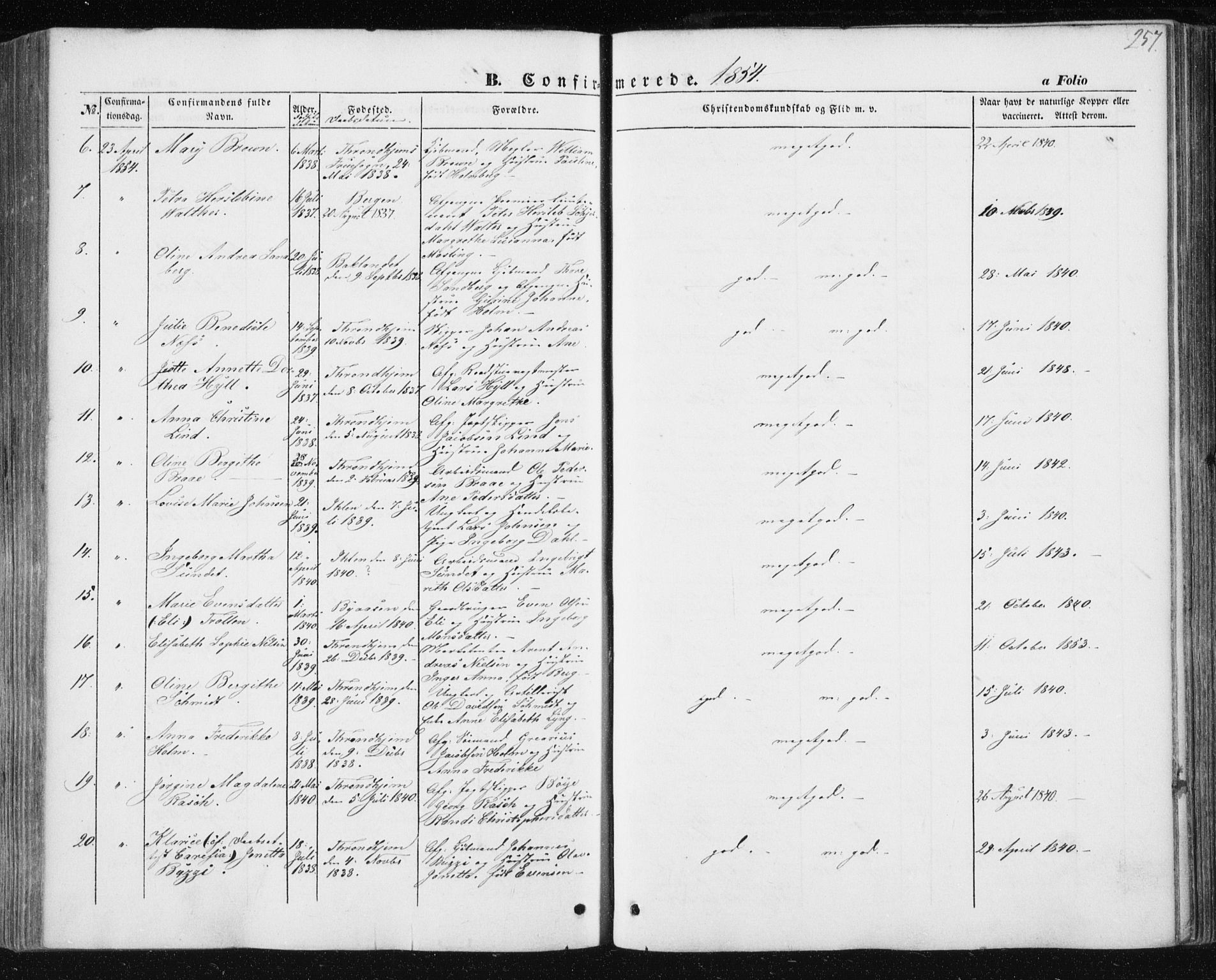 Ministerialprotokoller, klokkerbøker og fødselsregistre - Sør-Trøndelag, AV/SAT-A-1456/602/L0112: Parish register (official) no. 602A10, 1848-1859, p. 257