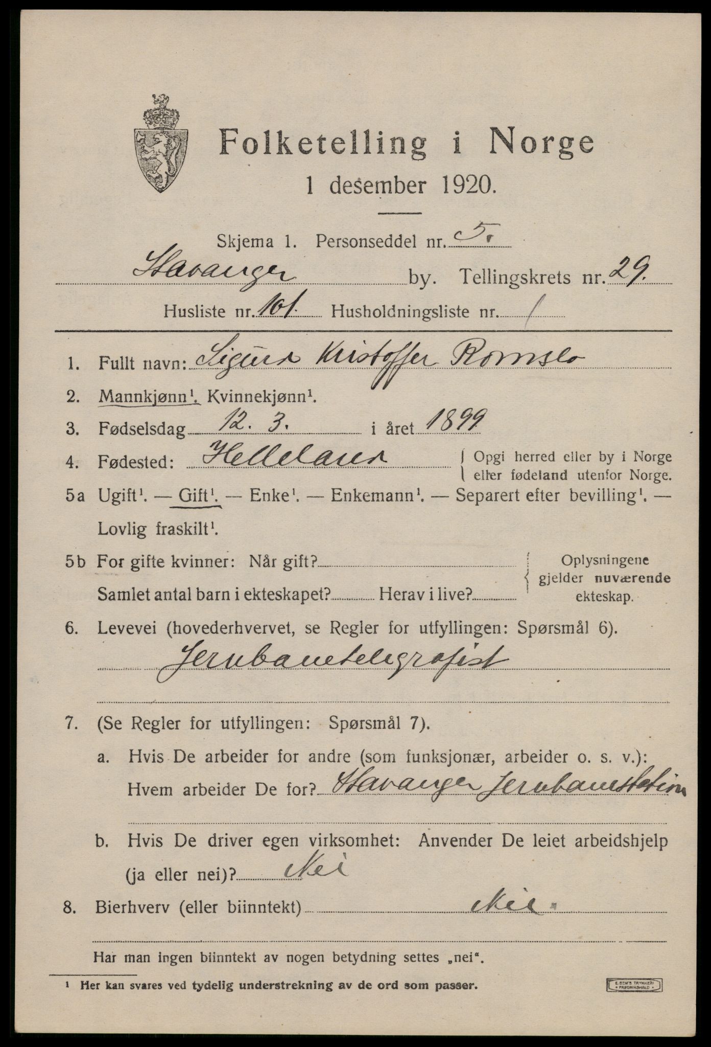 SAST, 1920 census for Stavanger, 1920, p. 84690