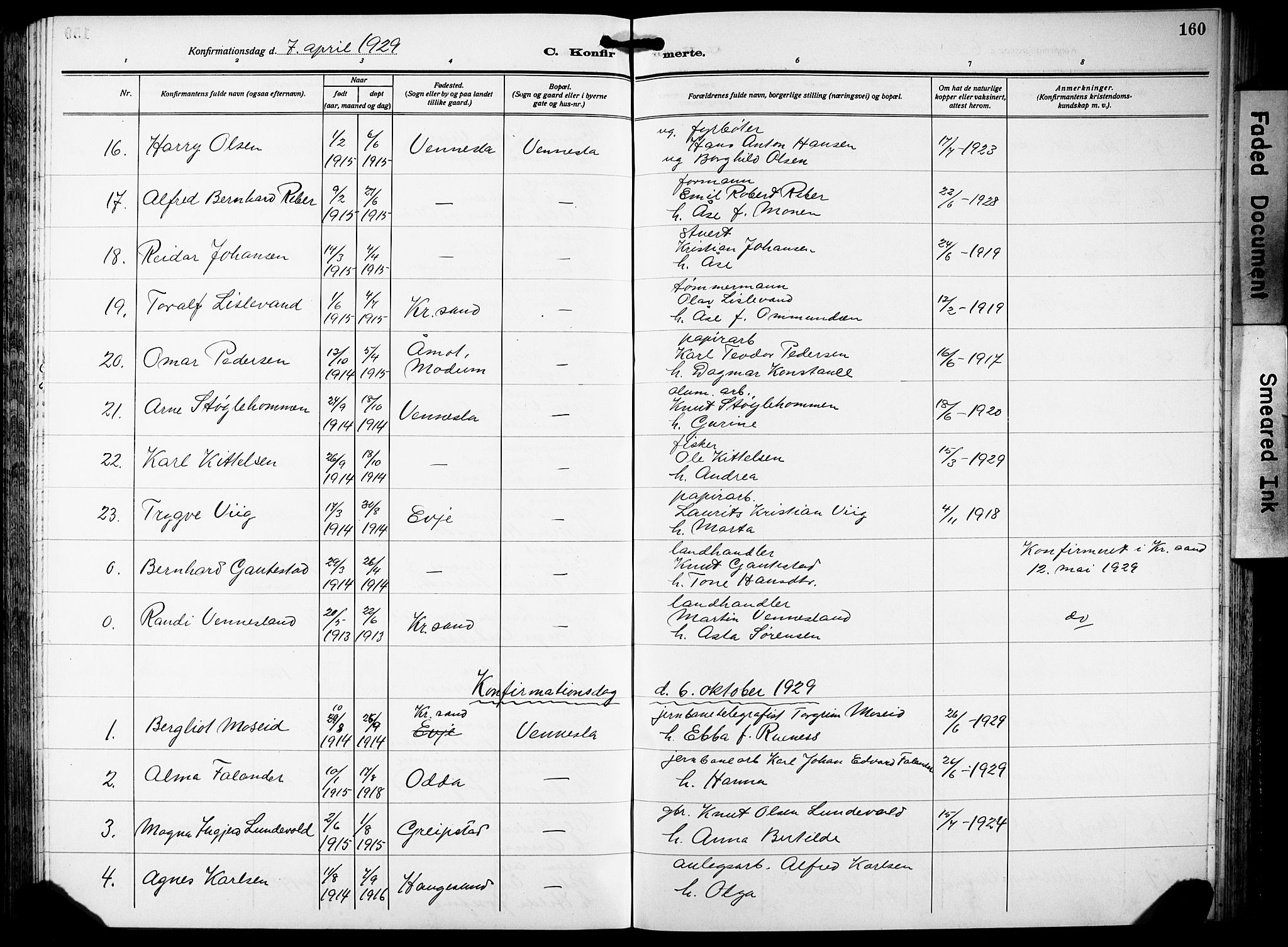 Vennesla sokneprestkontor, AV/SAK-1111-0045/Fb/Fbb/L0007: Parish register (copy) no. B 7, 1922-1933, p. 160