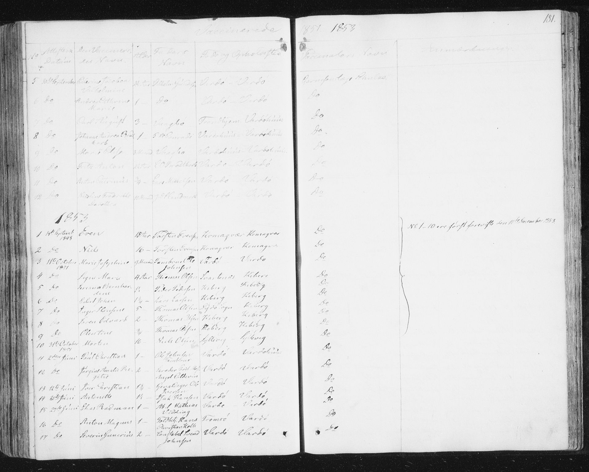 Vardø sokneprestkontor, AV/SATØ-S-1332/H/Ha/L0003kirke: Parish register (official) no. 3, 1843-1861, p. 181