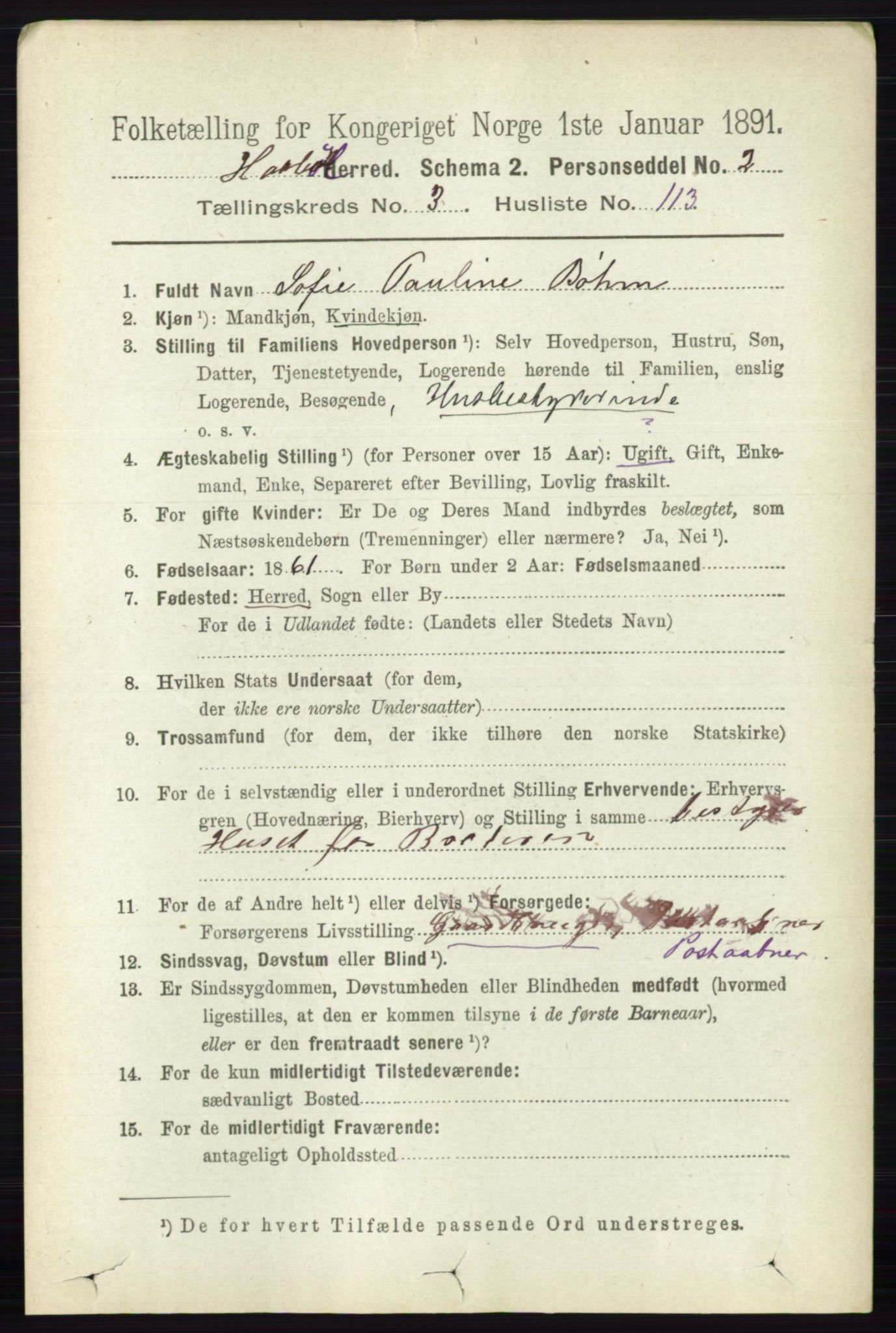 RA, 1891 census for 0138 Hobøl, 1891, p. 2298