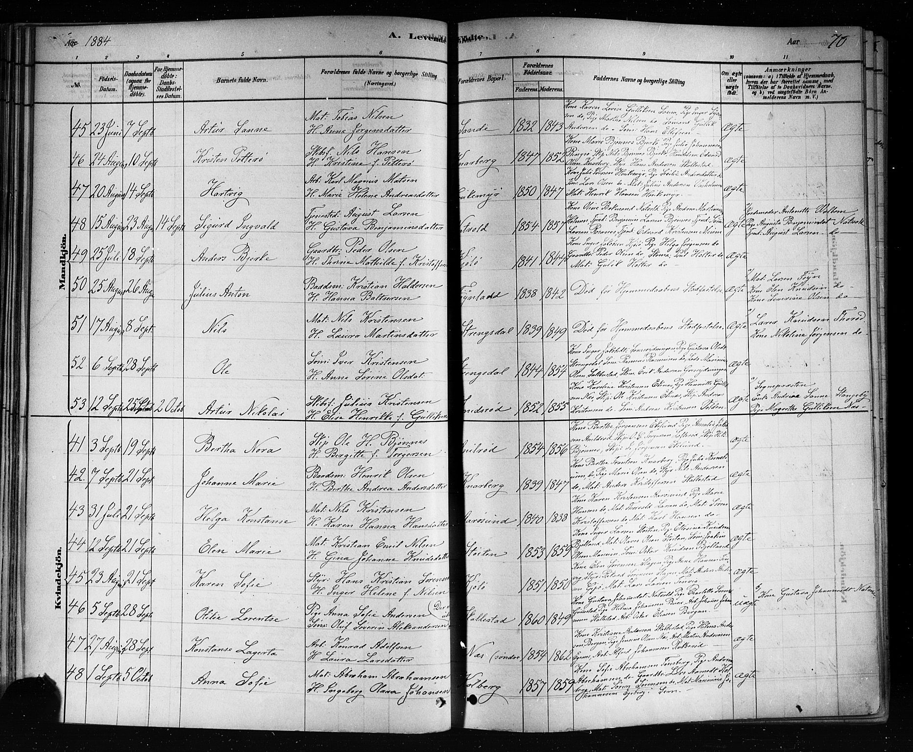 Nøtterøy kirkebøker, AV/SAKO-A-354/F/Fa/L0008: Parish register (official) no. I 8, 1878-1893, p. 70