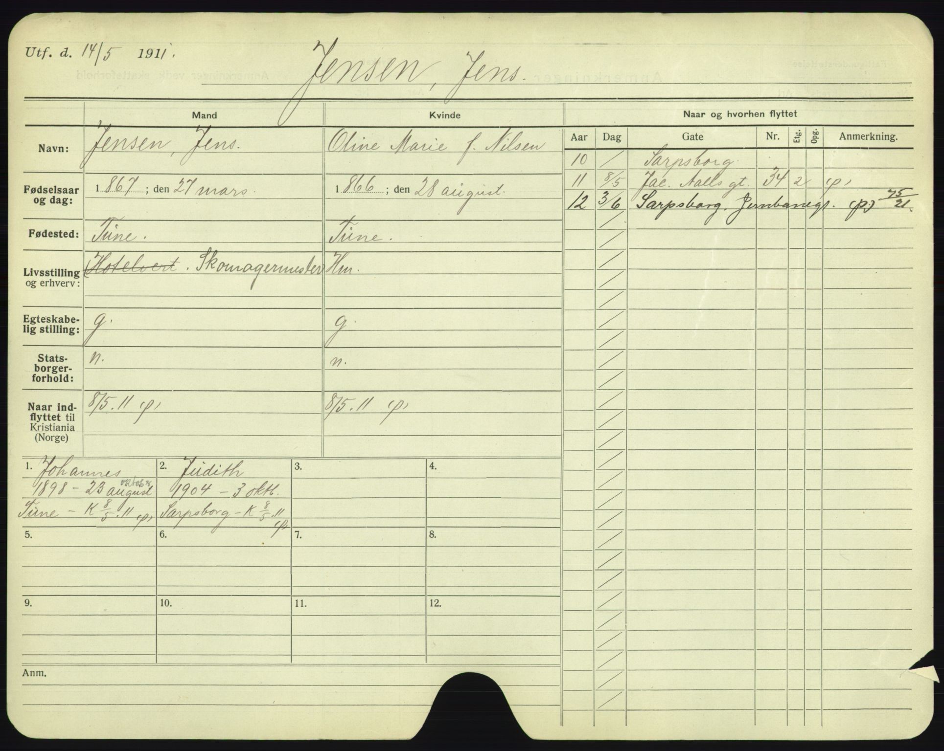 Oslo folkeregister, Registerkort, AV/SAO-A-11715/F/Fa/Fac/L0005: Menn, 1906-1914, p. 303a