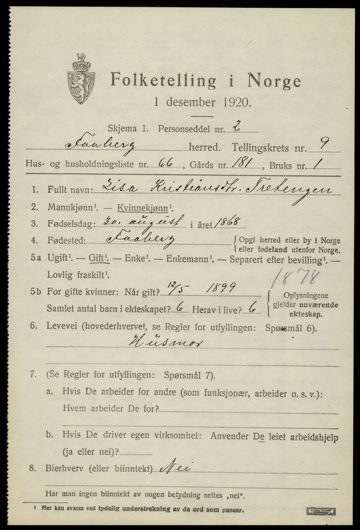 SAH, 1920 census for Fåberg, 1920, p. 10924