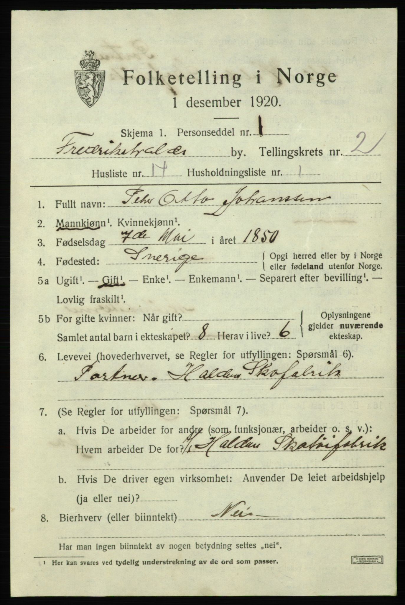 SAO, 1920 census for Fredrikshald, 1920, p. 9566