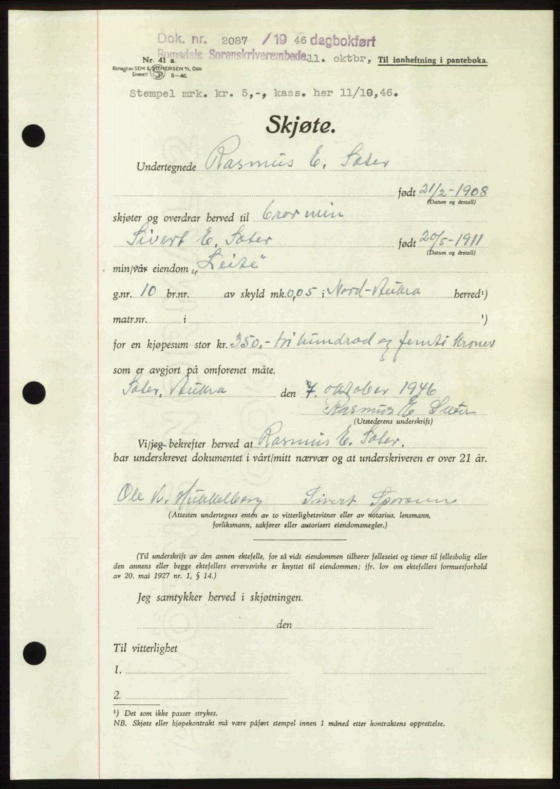 Romsdal sorenskriveri, AV/SAT-A-4149/1/2/2C: Mortgage book no. A21, 1946-1946, Diary no: : 2087/1946