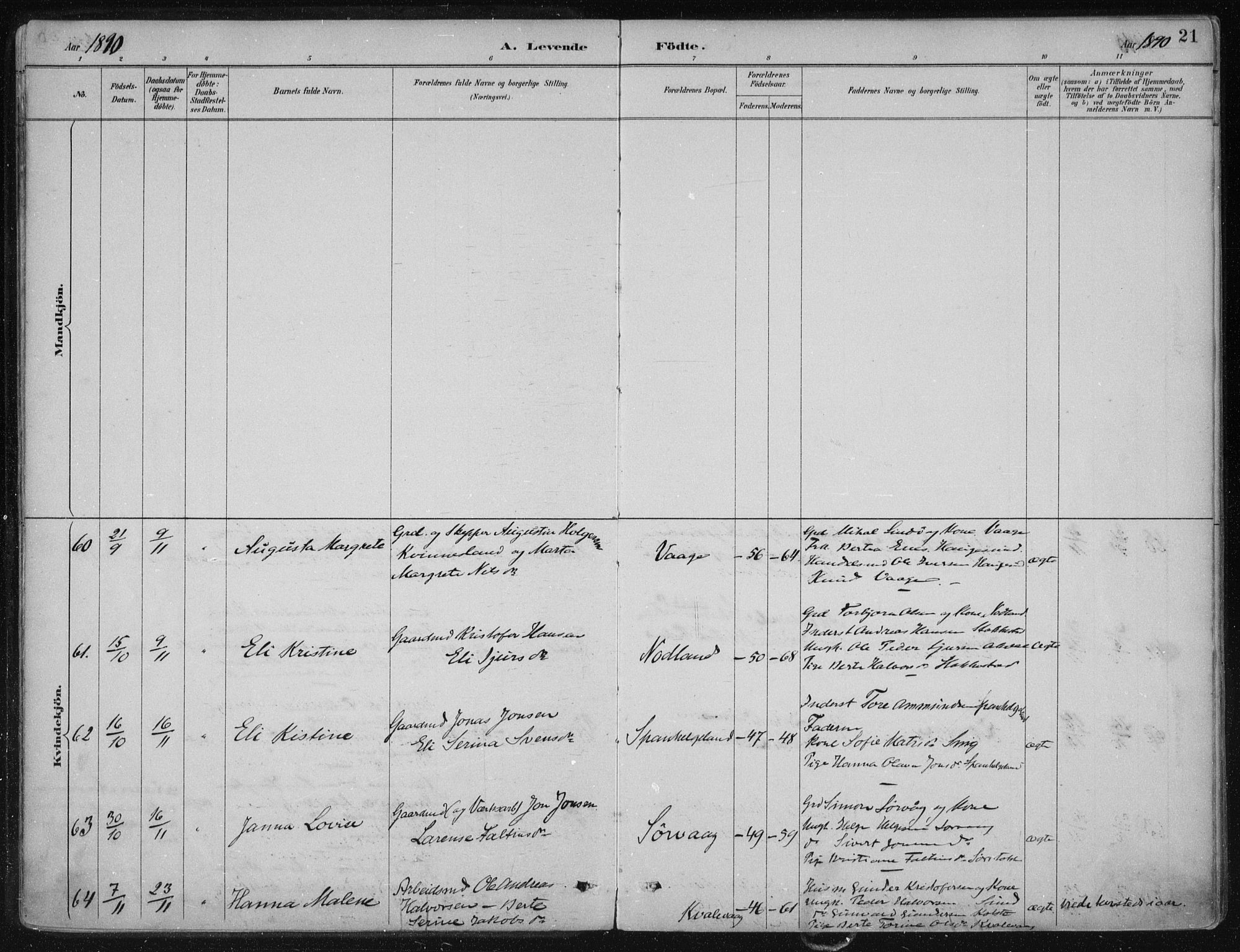 Avaldsnes sokneprestkontor, SAST/A -101851/H/Ha/Haa/L0017: Parish register (official) no. A 17, 1889-1920, p. 21