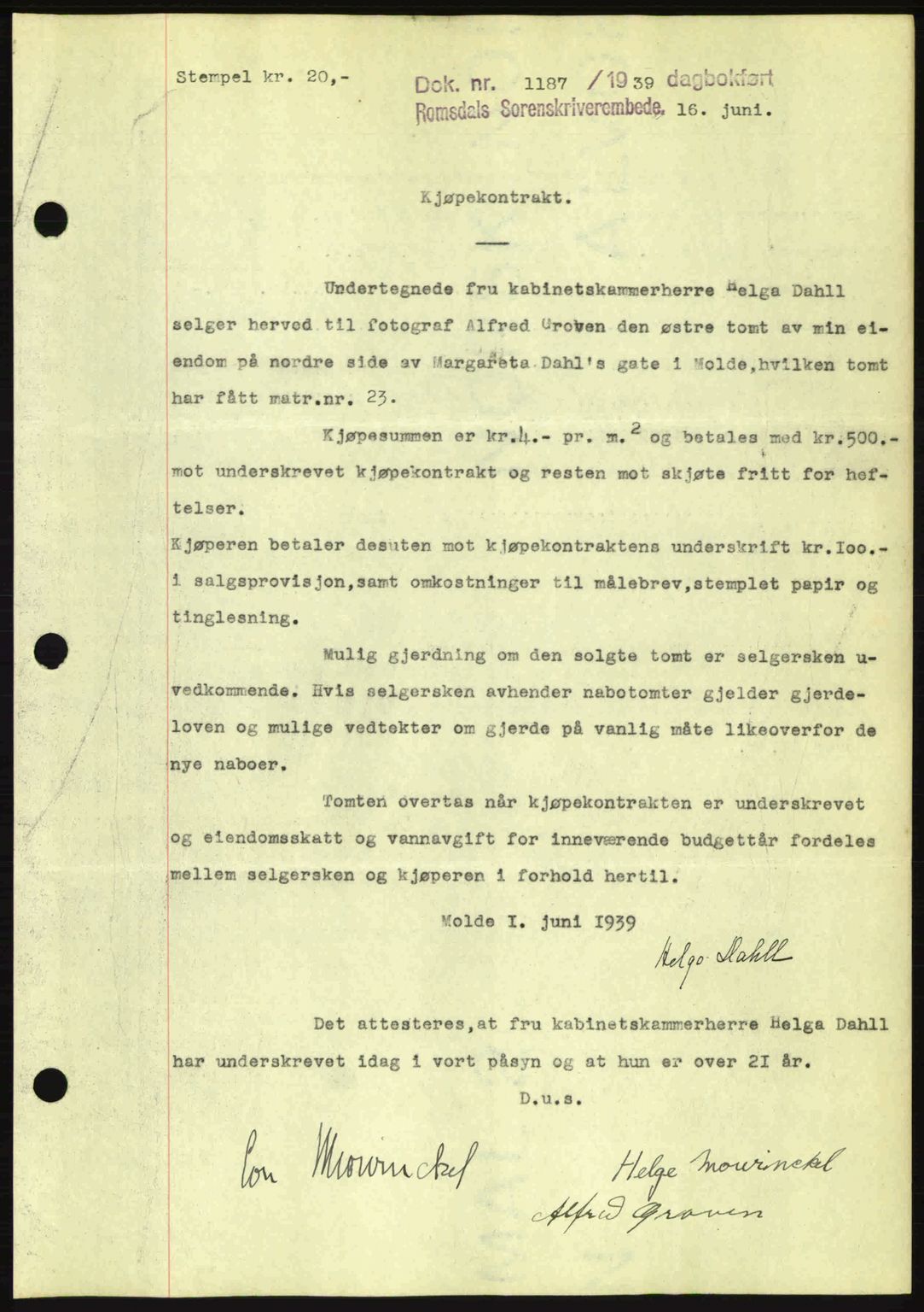 Romsdal sorenskriveri, AV/SAT-A-4149/1/2/2C: Mortgage book no. A7, 1939-1939, Diary no: : 1187/1939