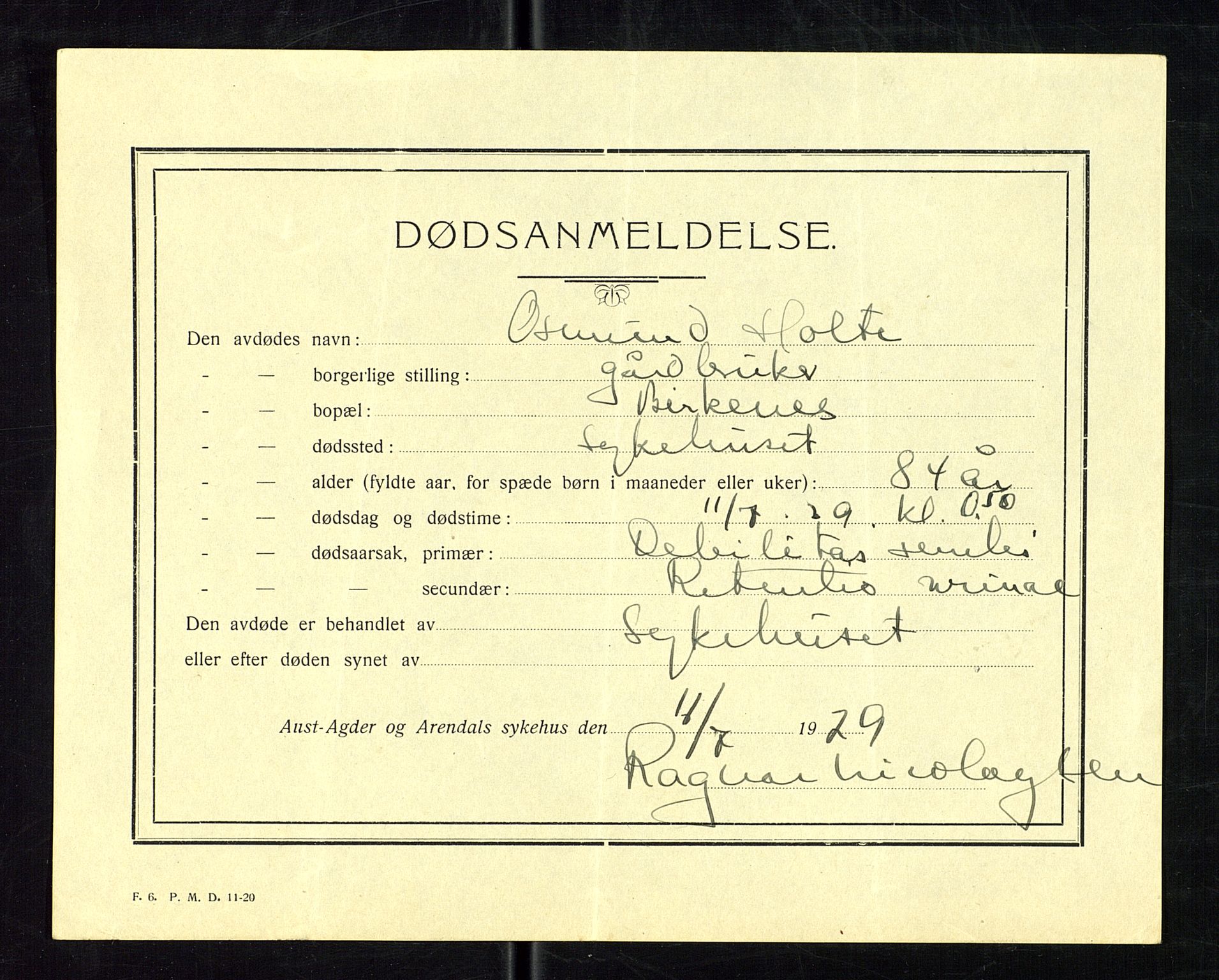 Birkenes lensmannskontor, AV/SAK-1241-0004/F/Fe/L0002/0003: Dødsfall / Dødsfallsmeldinger, 1915-1945