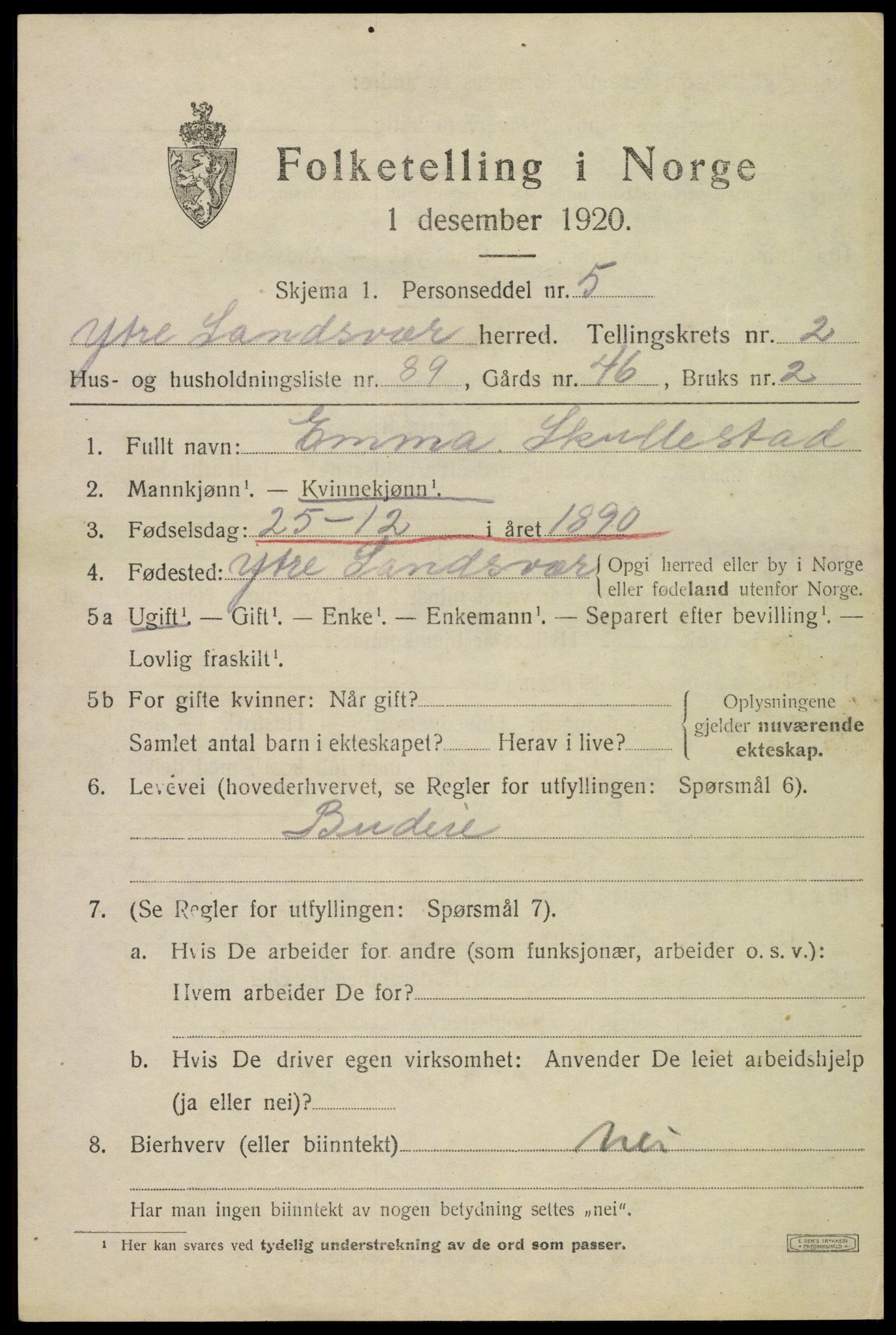 SAKO, 1920 census for Ytre Sandsvær, 1920, p. 3690