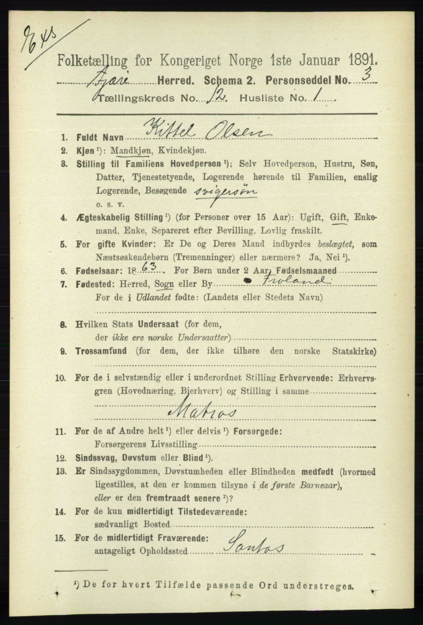 RA, Census 1891 for Nedenes amt: Gjenparter av personsedler for beslektede ektefeller, menn, 1891, p. 745